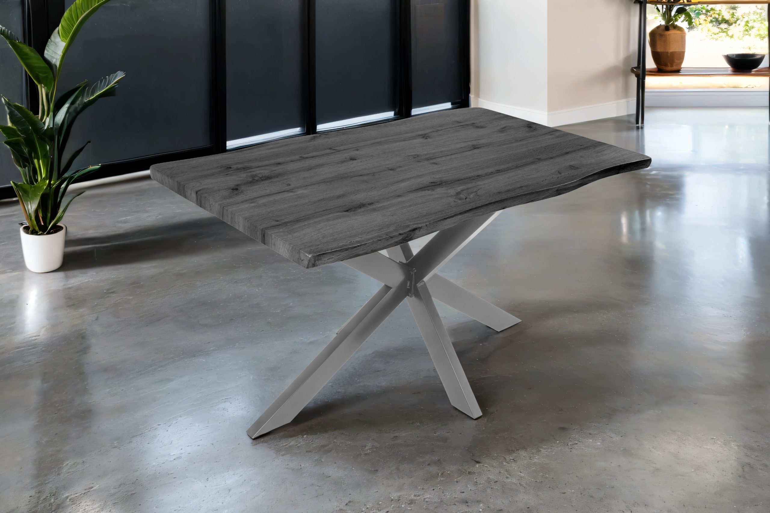 Esstisch 140x80 cm Baumkante Holz Grau-Optik Spider-Gestell Metall silber JOSY