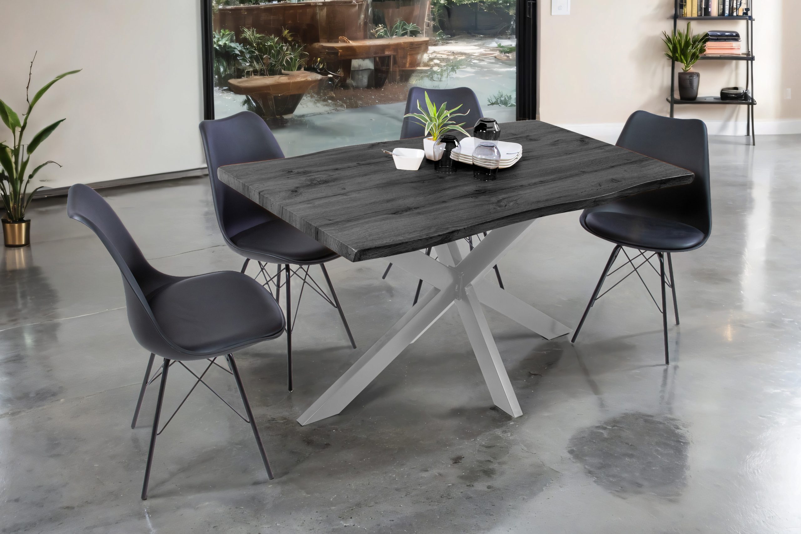 Esstisch 140x80 cm Baumkante Holz Grau-Optik Spider-Gestell Metall silber JOSY – Bild 5