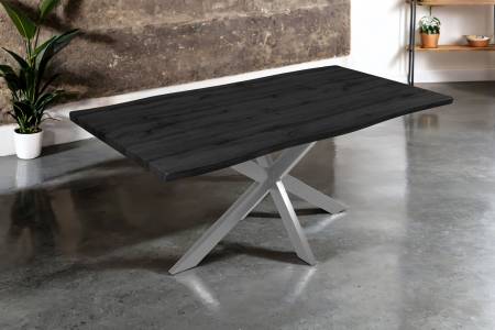 Esstisch 180x90 cm Baumkante Holz Grau-Optik Spider-Gestell Metall silber JOSY