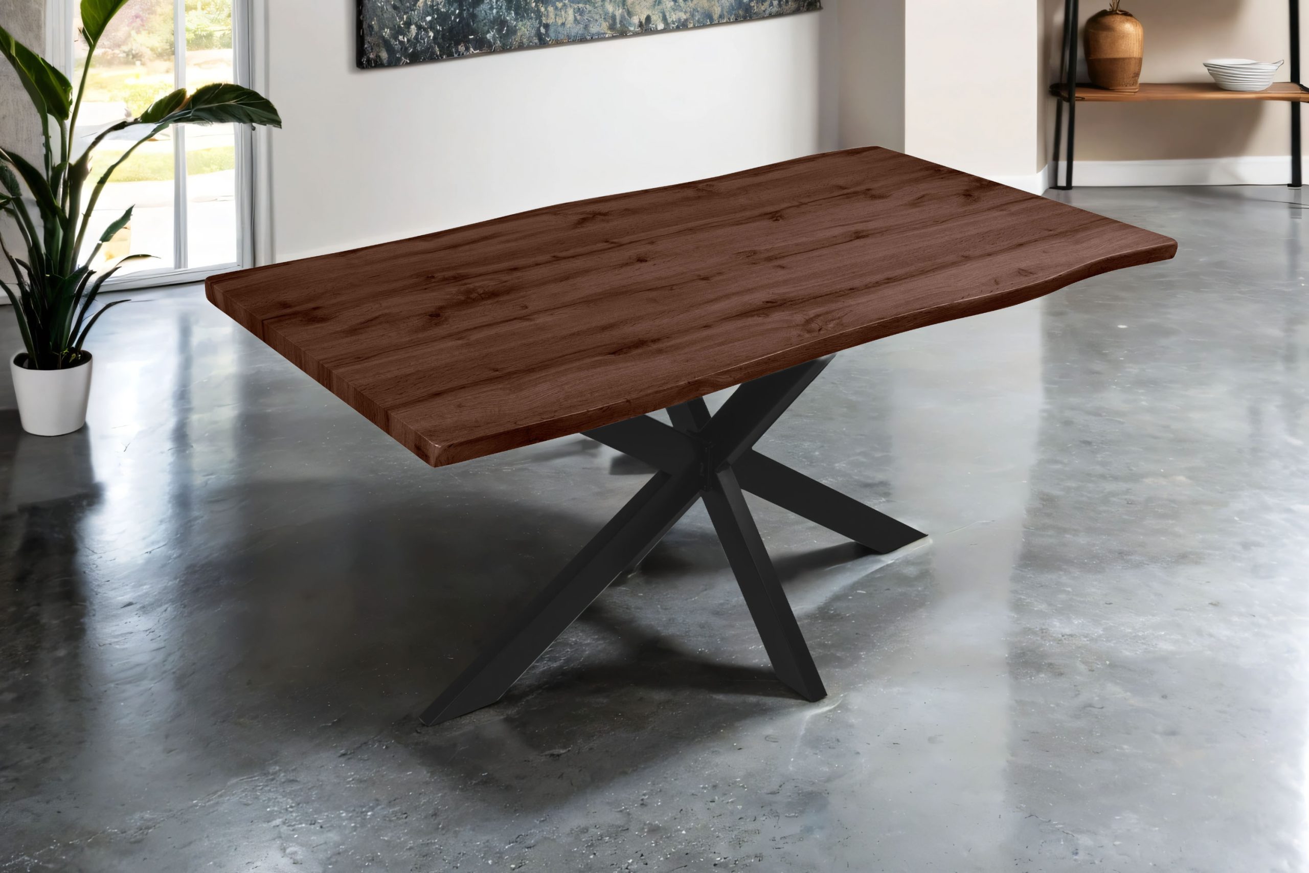 Esstisch 160x85 cm Baumkante Holz Nussbaum-Optik Spider-Gestell Metall schwarz JOSY