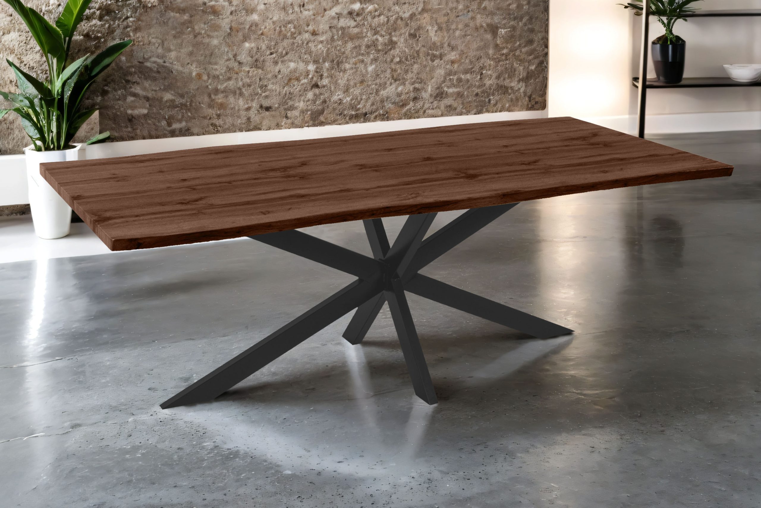 Esstisch 240x100 cm Baumkante Holz Nussbaum-Optik Spider-Gestell Metall schwarz JOSY