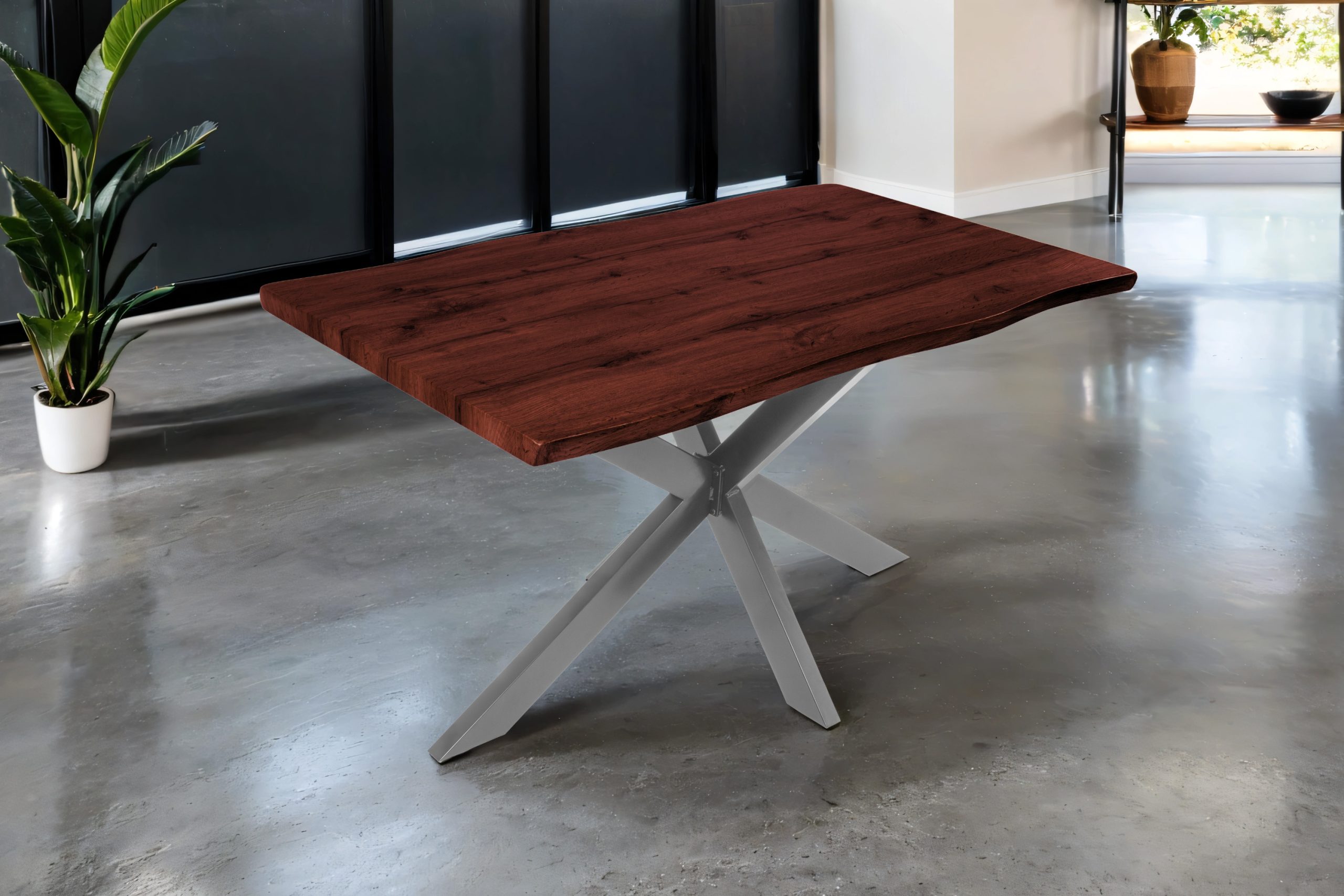 Esstisch 140x80 cm Baumkante Holz Nussbaum-Optik Spider-Gestell Metall silber JOSY