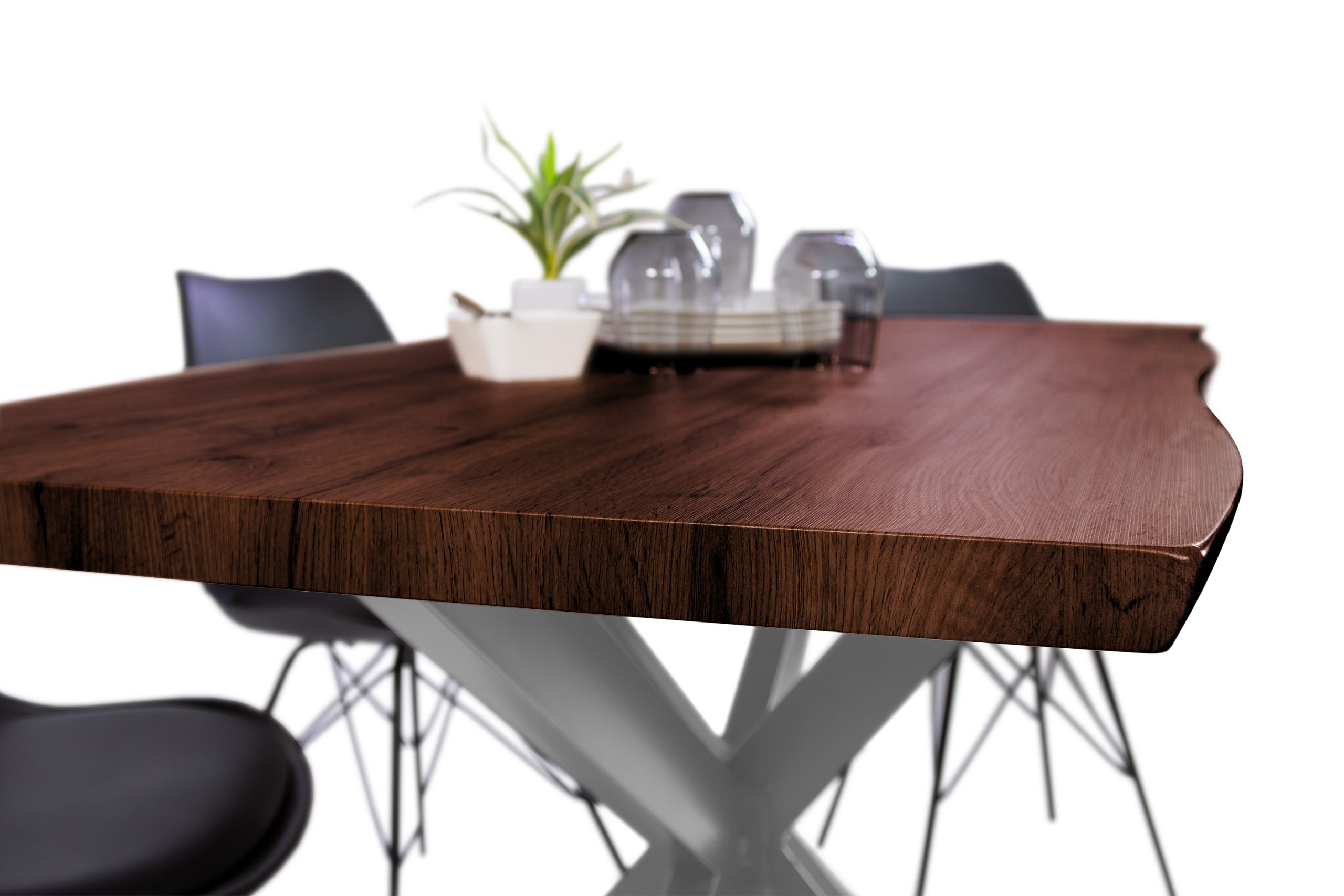 Esstisch 140x80 cm Baumkante Holz Nussbaum-Optik Spider-Gestell Metall silber JOSY – Bild 4