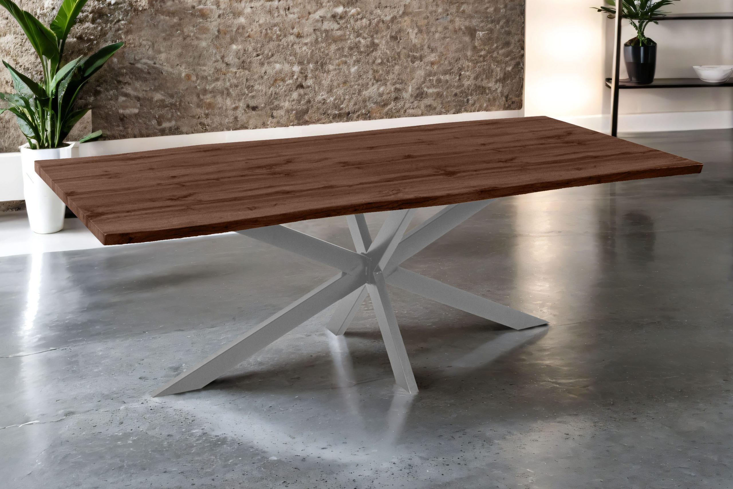 Esstisch 240x100 cm Baumkante Holz Nussbaum-Optik Spider-Gestell Metall silber JOSY