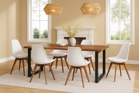 Essgruppe 7tlg. 220 x 100 cm Holz Nussbaum-Optik 6x Schalenstühle Weiß U-Gestell Schwarz JOSY