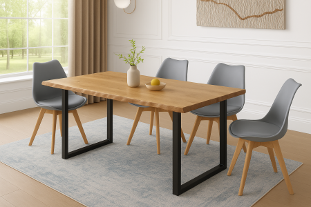 Essgruppe 5tlg. 140 x 80 cm Holz Wildeiche-Optik 4x Schalenstühle Grau U-Gestell Schwarz JOSY