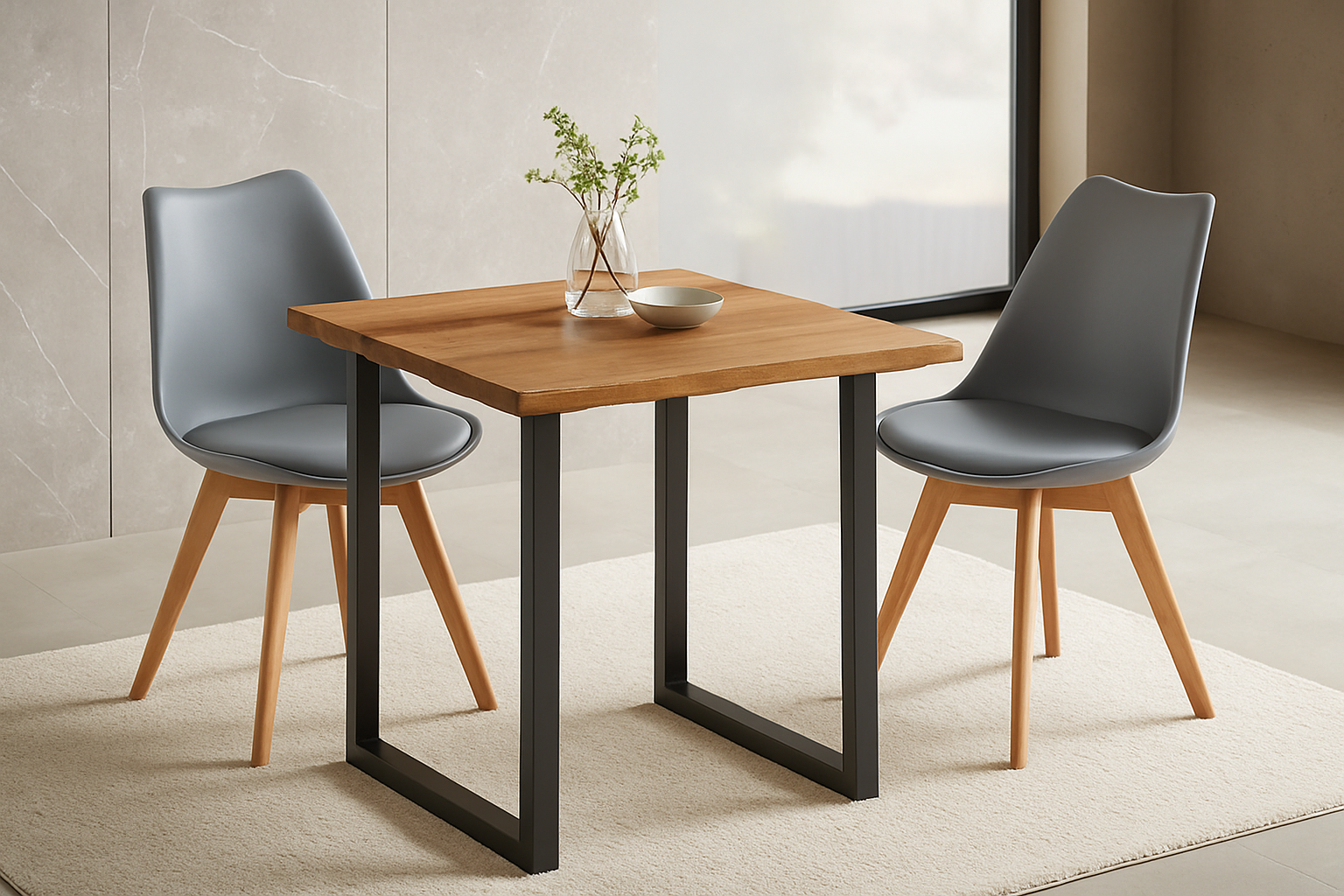 Essgruppe 3tlg. 80 x 80 cm Holz Wildeiche-Optik 2x Schalenstühle Grau U-Gestell Schwarz JOSY