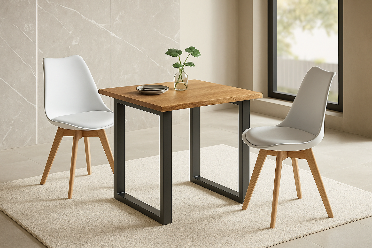 Essgruppe 3tlg. 80 x 80 cm Holz Wildeiche-Optik 2x Schalenstühle Weiß U-Gestell Schwarz JOSY