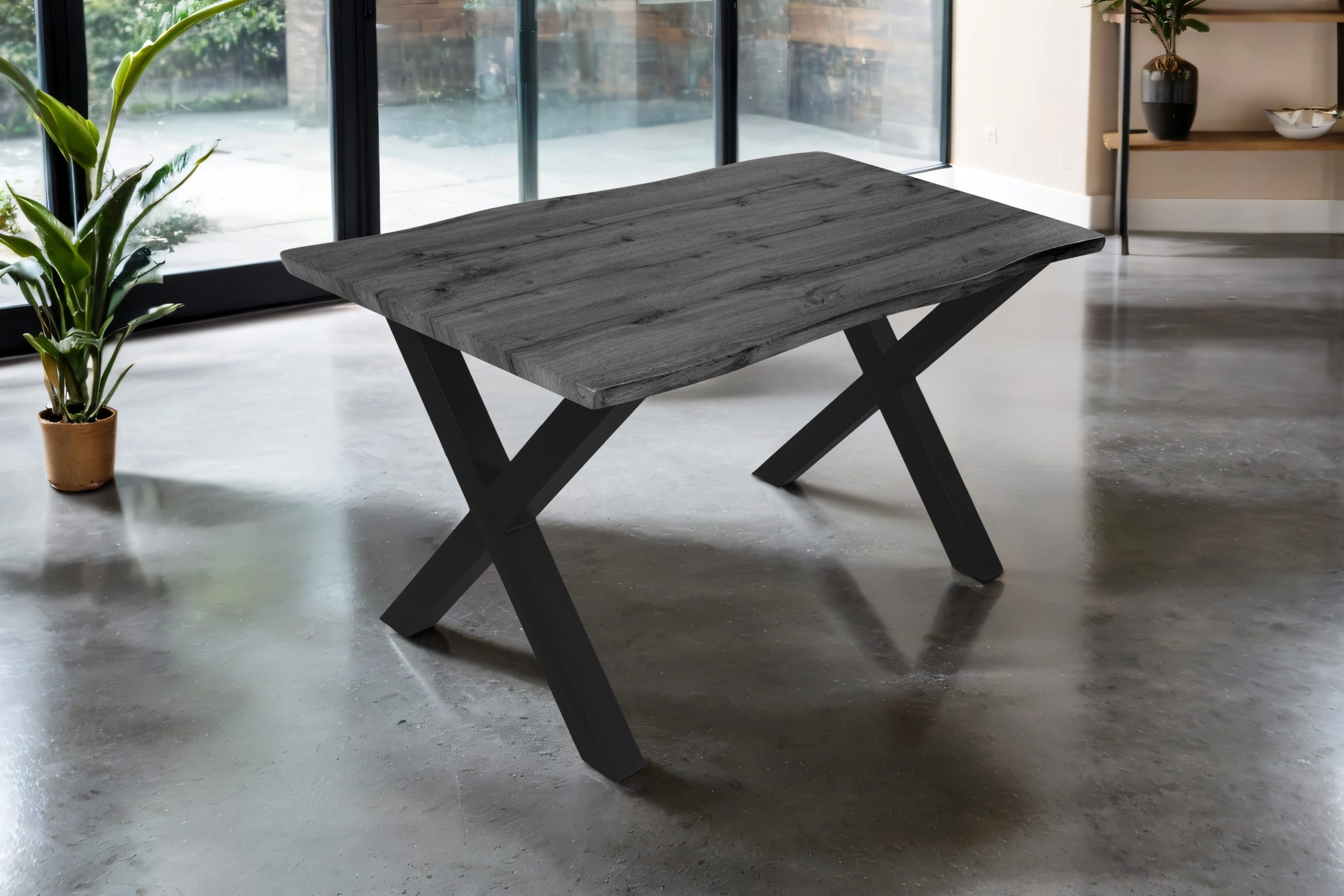 Esstisch 120x80 cm Baumkante Holz Grau-Optik X-Gestell Metall schwarz JOSY