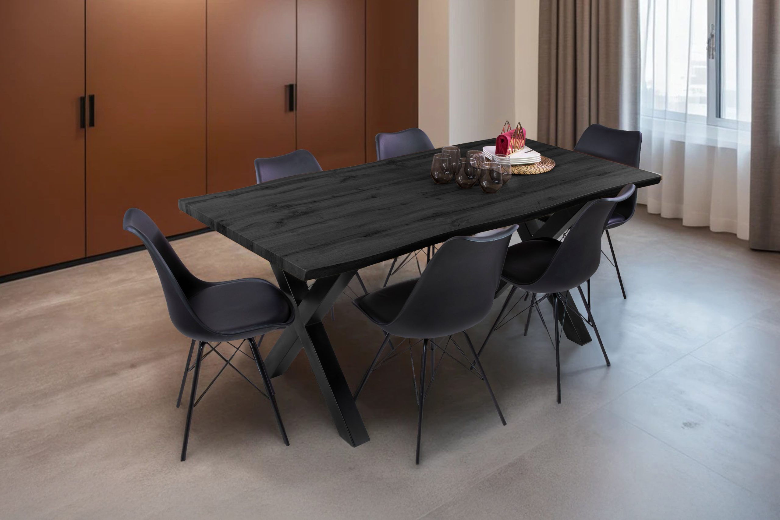 Esstisch 180x90 cm Baumkante Holz Grau-Optik X-Gestell Metall schwarz JOSY – Bild 4