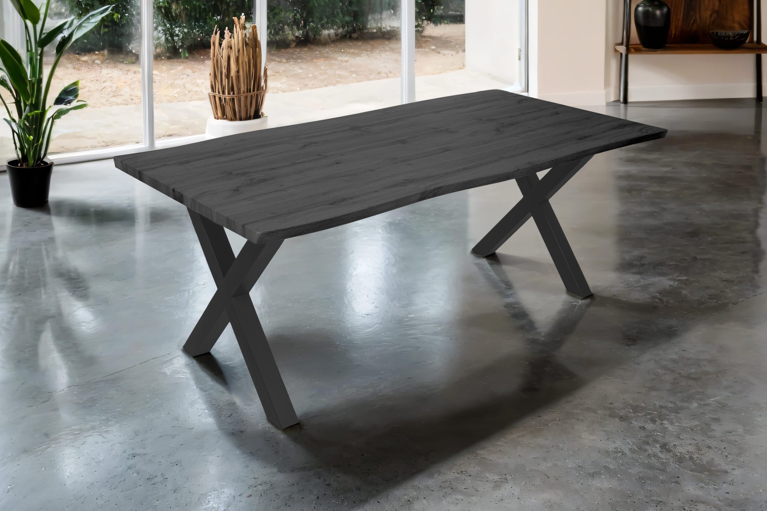 Esstisch 200x100 cm Baumkante Holz Grau-Optik X-Gestell Metall schwarz JOSY