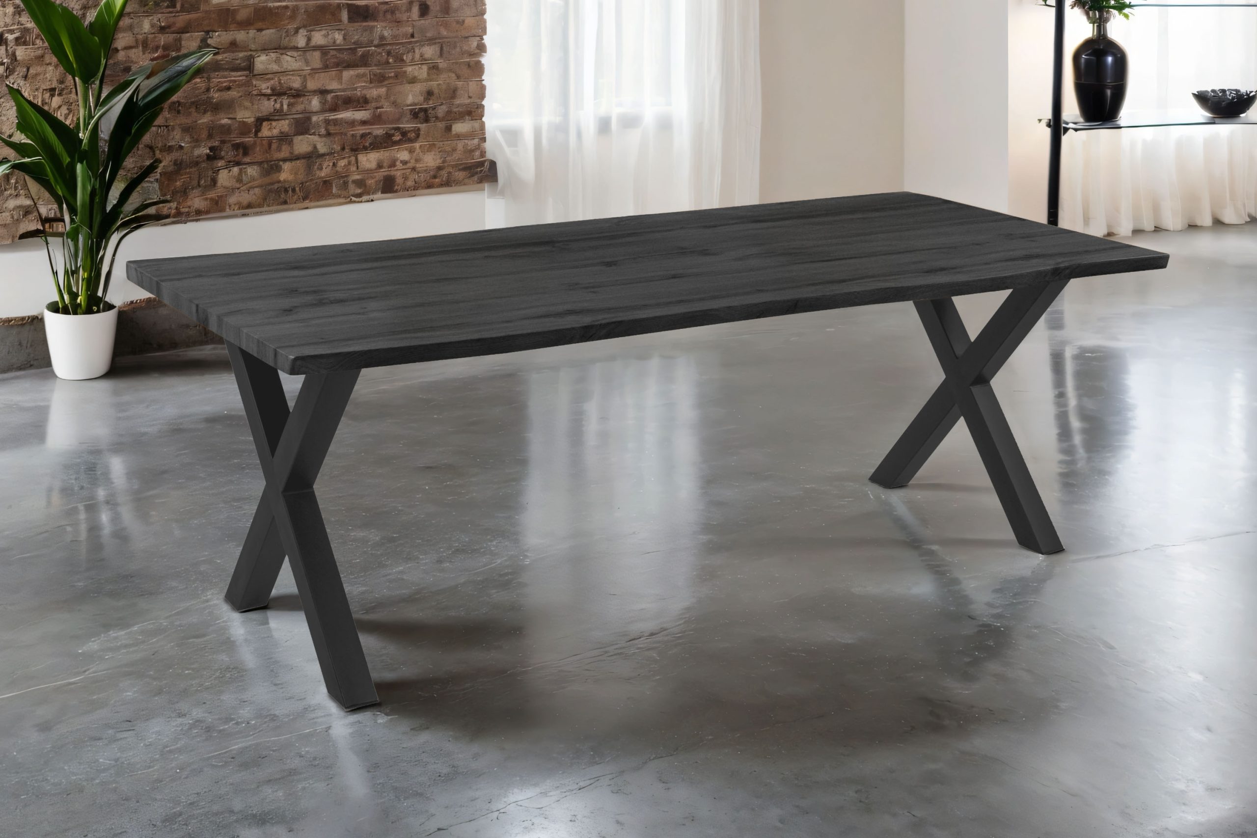 Esstisch 220x100 cm Baumkante Holz Grau-Optik X-Gestell Metall schwarz JOSY