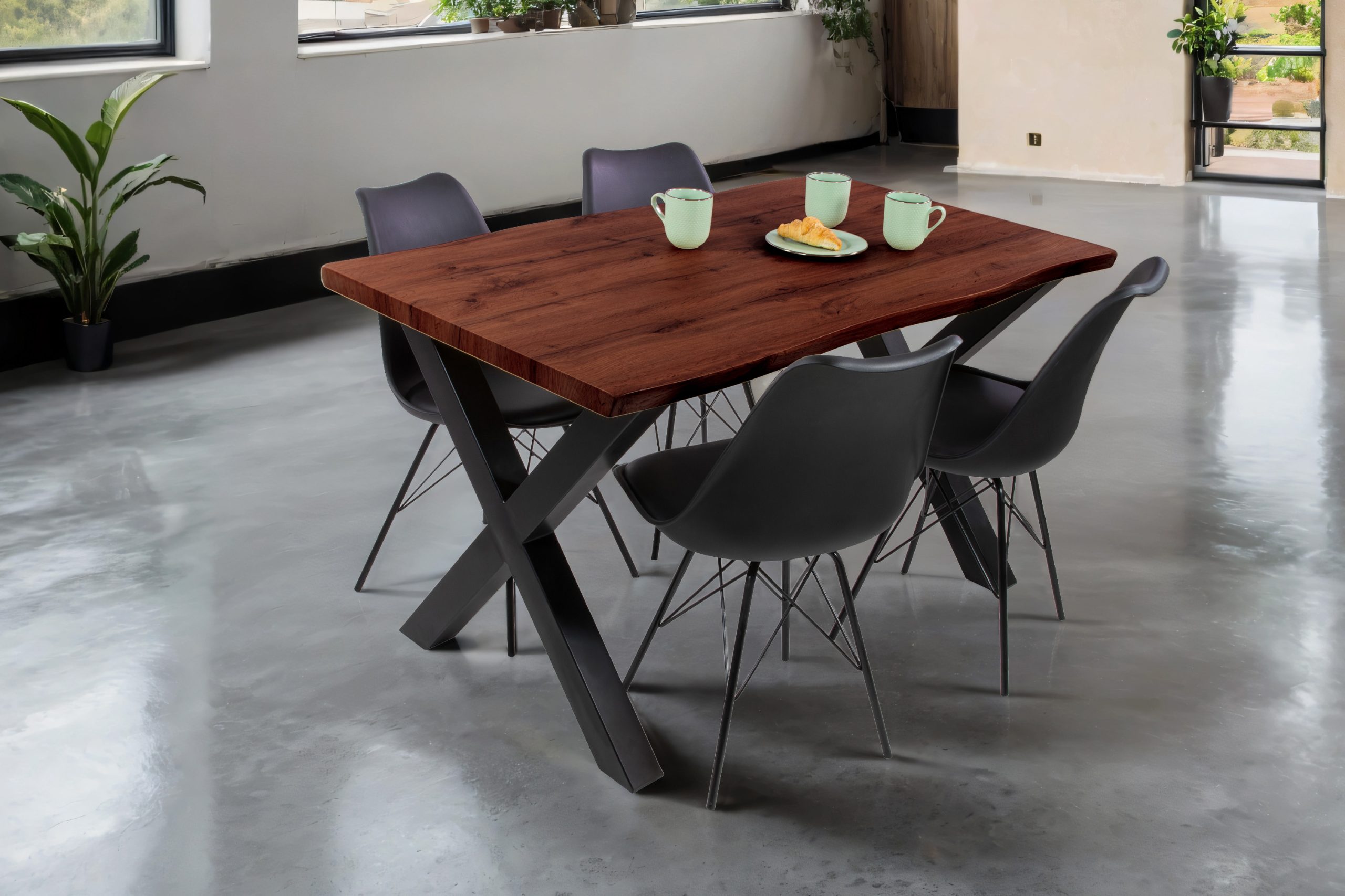 Esstisch 120x80 cm Baumkante Holz Nussbaum-Optik X-Gestell Metall schwarz JOSY – Bild 4
