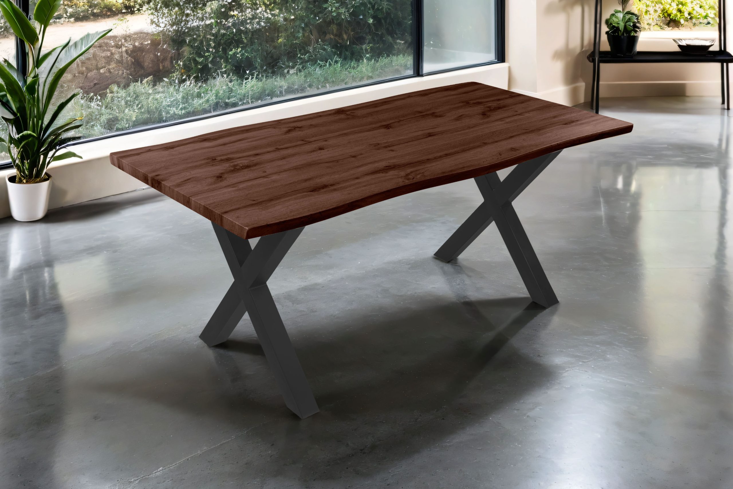 Esstisch 180x90 cm Baumkante Holz Nussbaum-Optik X-Gestell Metall schwarz JOSY