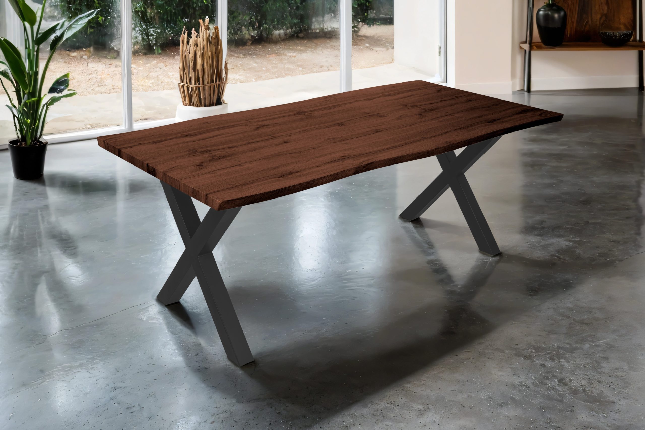 Esstisch 200x100 cm Baumkante Holz Nussbaum-Optik X-Gestell Metall schwarz JOSY