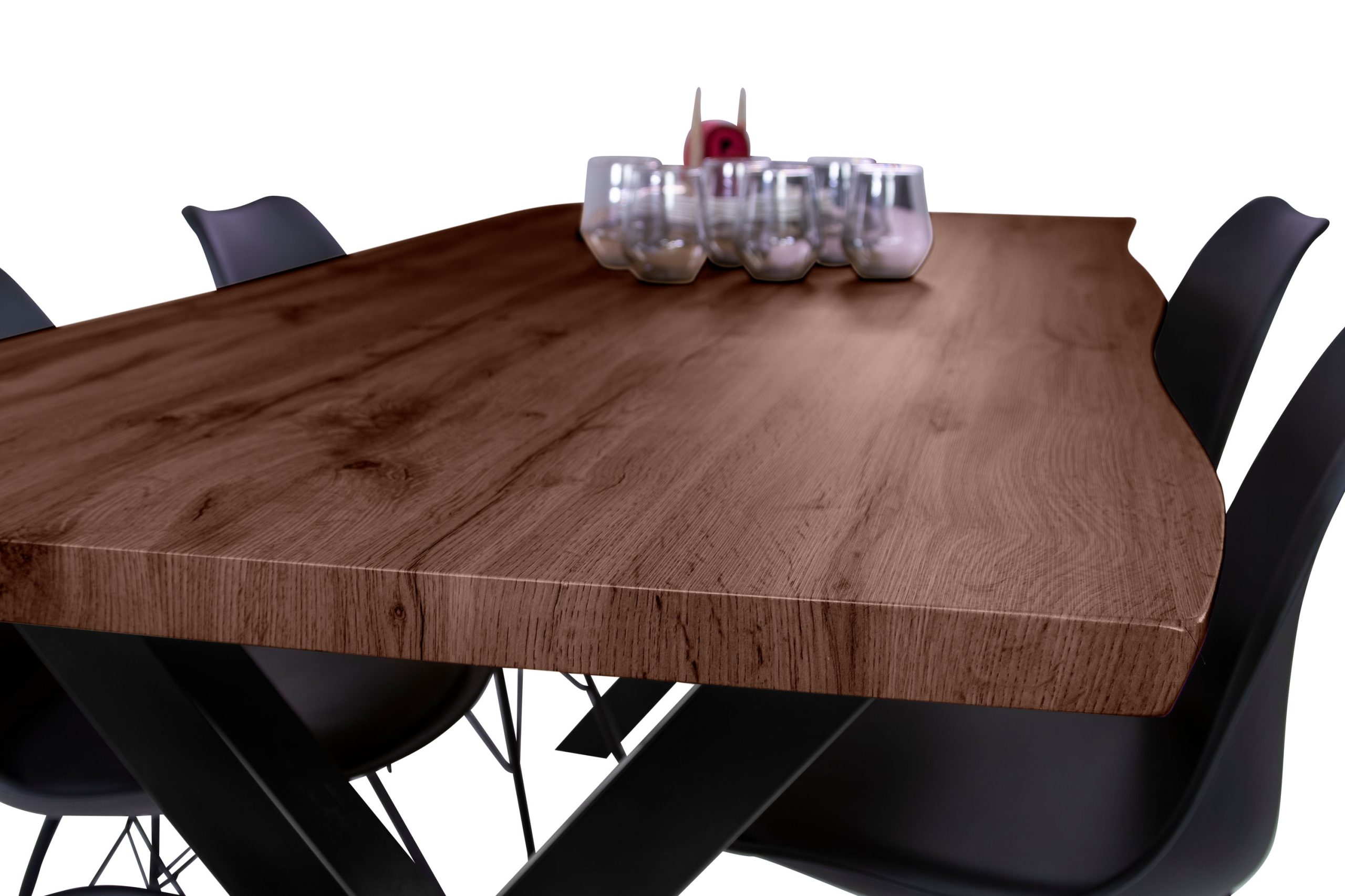 Esstisch 220x100 cm Baumkante Holz Nussbaum-Optik X-Gestell Metall schwarz JOSY – Bild 6