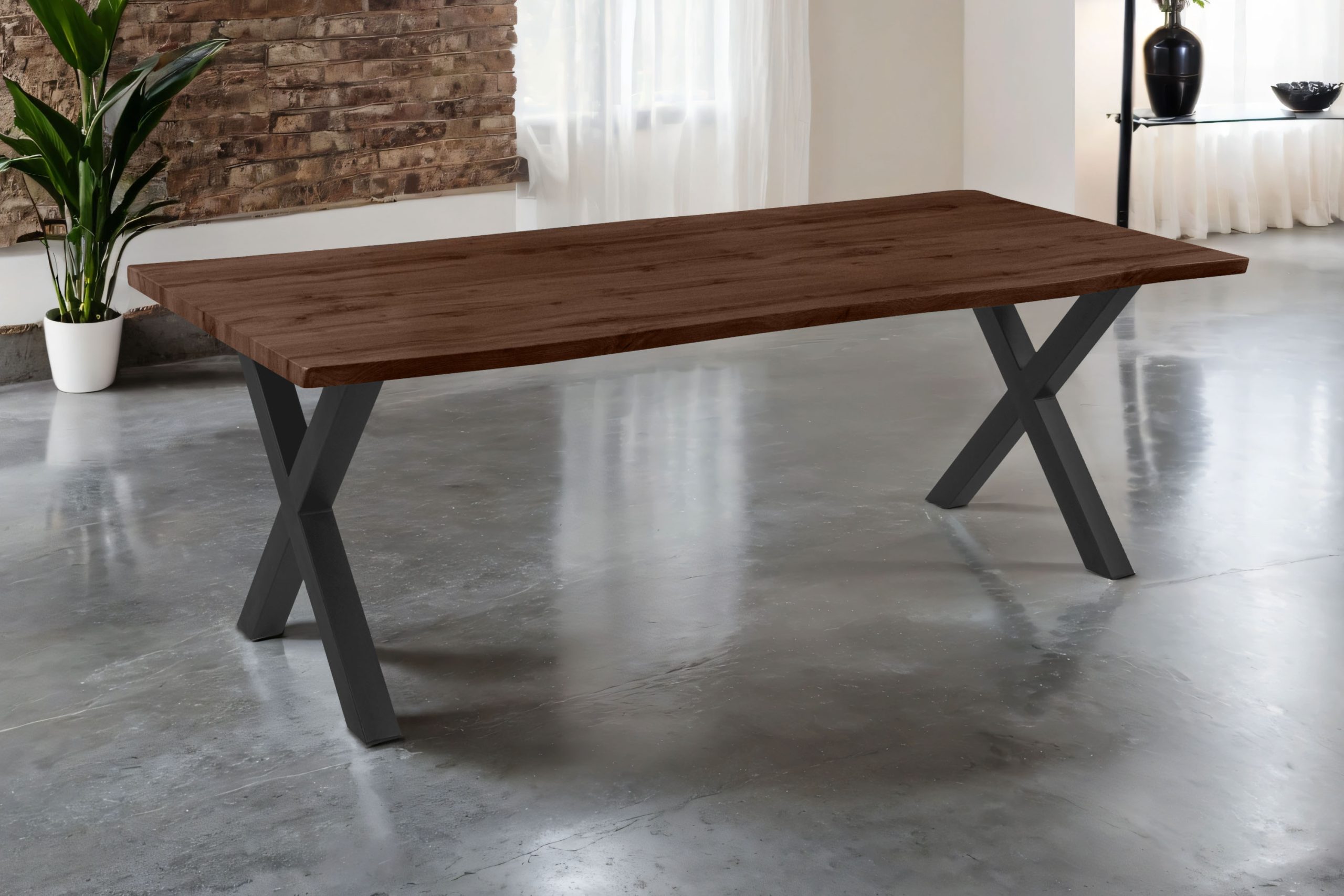 Esstisch 240x100 cm Baumkante Holz Nussbaum-Optik X-Gestell Metall schwarz JOSY