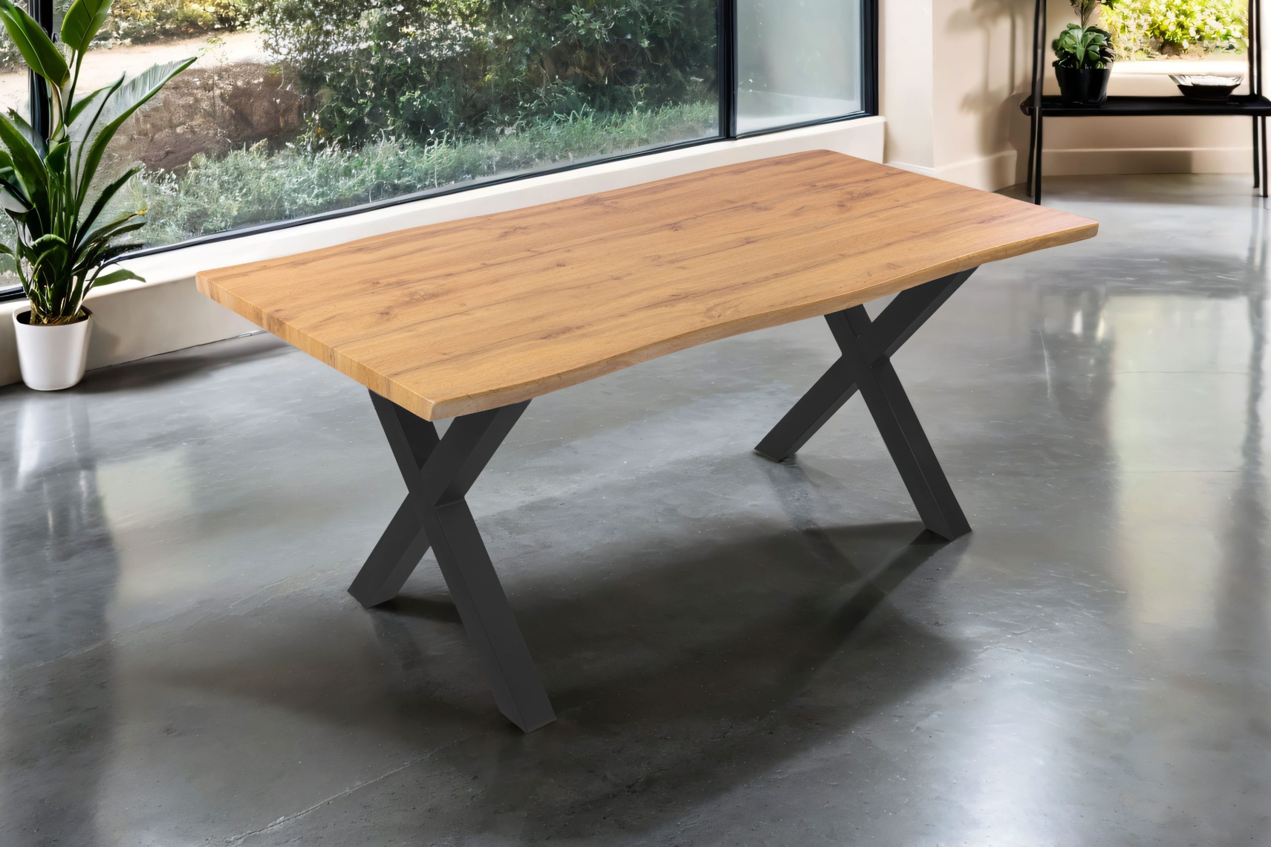 Esstisch 180x90 cm Baumkante Holz Wildeiche-Optik X-Gestell Metall schwarz JOSY