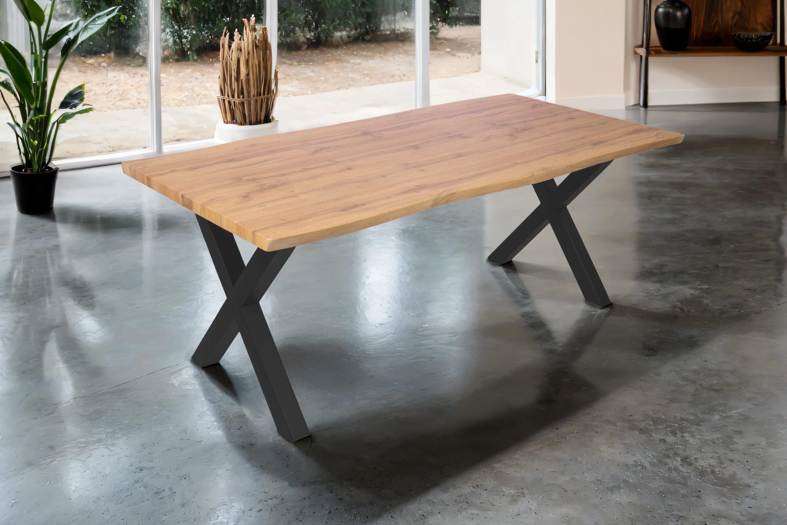 Esstisch 200x100 cm Baumkante Holz Wildeiche-Optik X-Gestell Metall schwarz JOSY