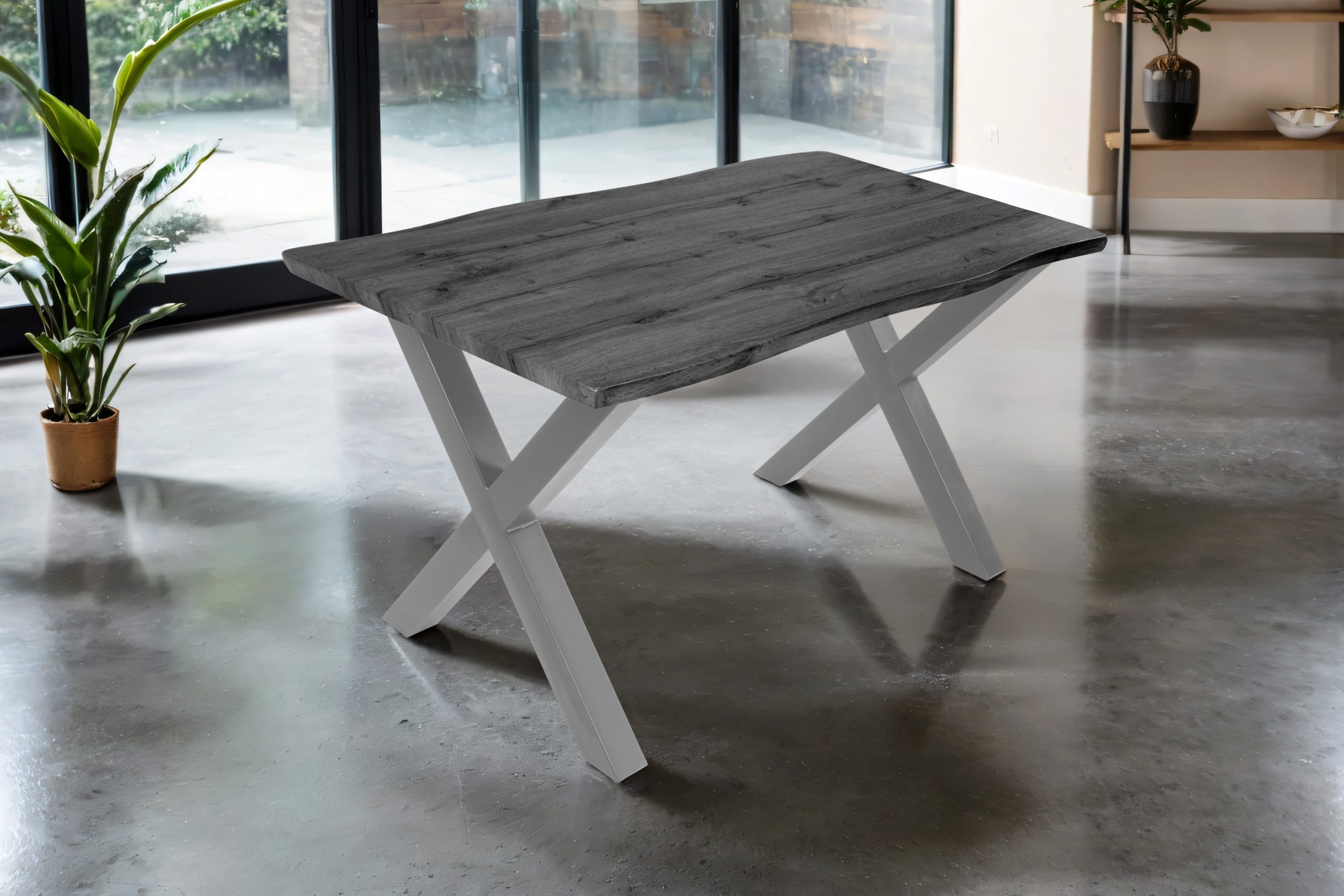 Esstisch 140x80 cm Baumkante Holz Grau-Optik X-Gestell Metall silber JOSY