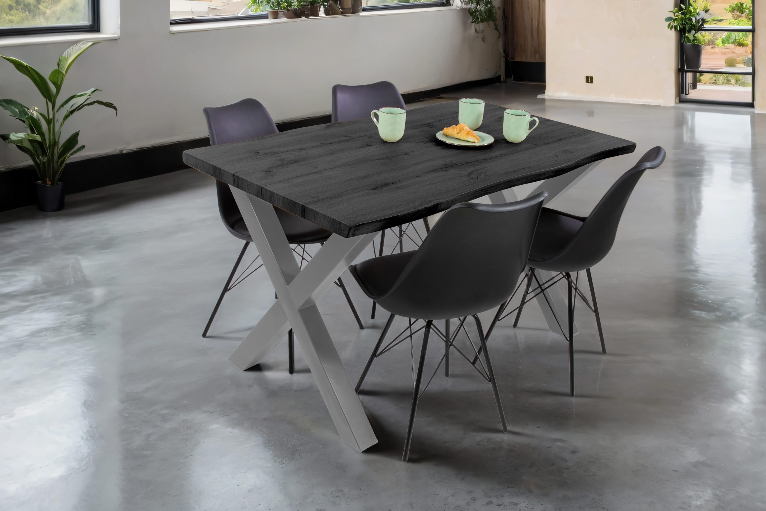 Esstisch 140x80 cm Baumkante Holz Grau-Optik X-Gestell Metall silber JOSY – Bild 4