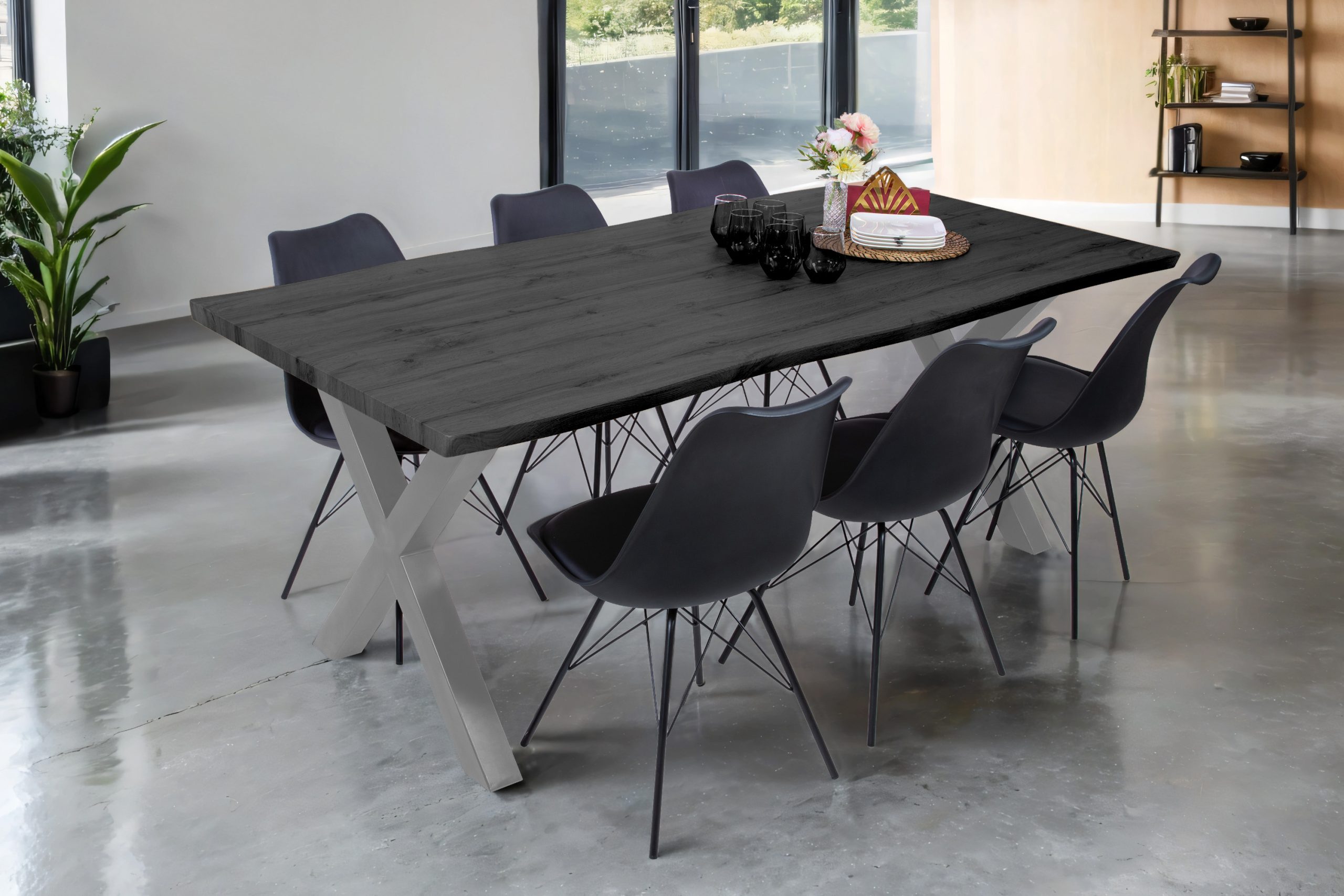 Esstisch 200x100 cm Baumkante Holz Grau-Optik X-Gestell Metall silber JOSY – Bild 4