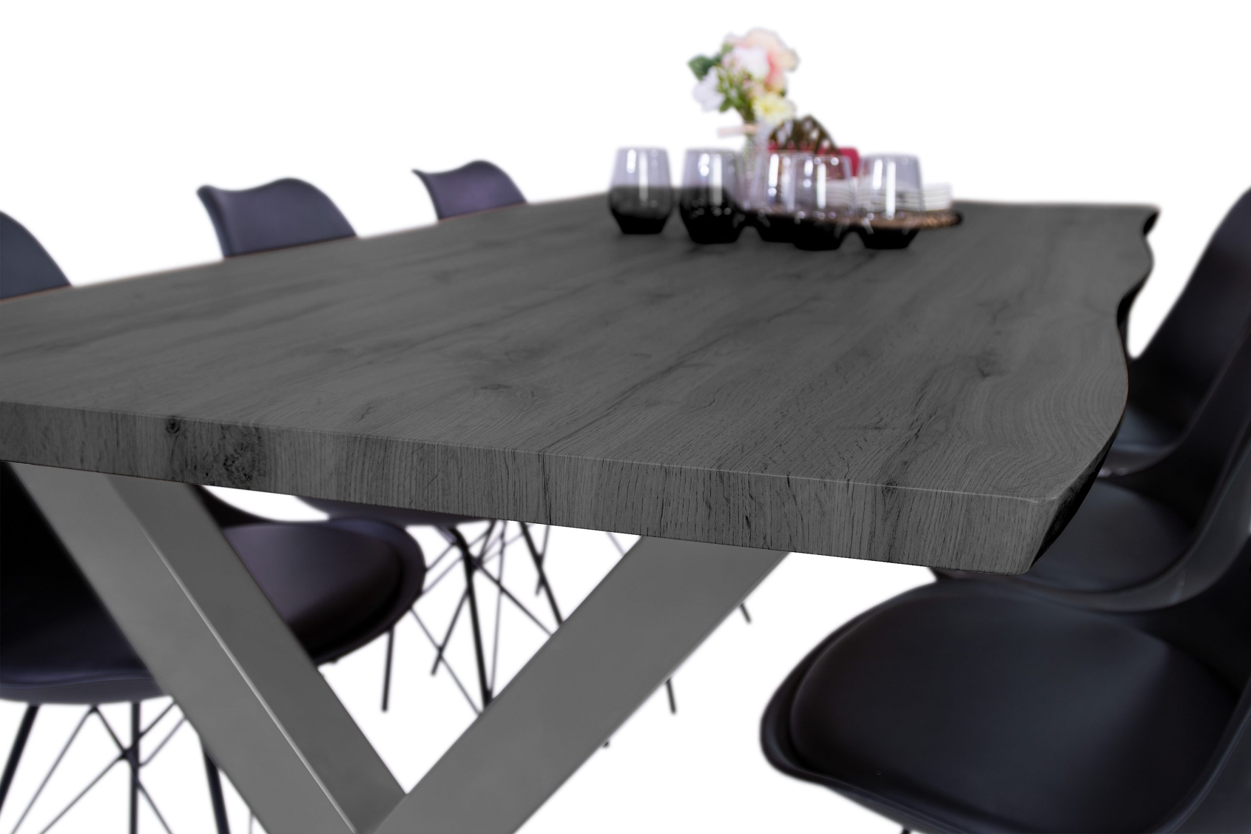 Esstisch 200x100 cm Baumkante Holz Grau-Optik X-Gestell Metall silber JOSY – Bild 6