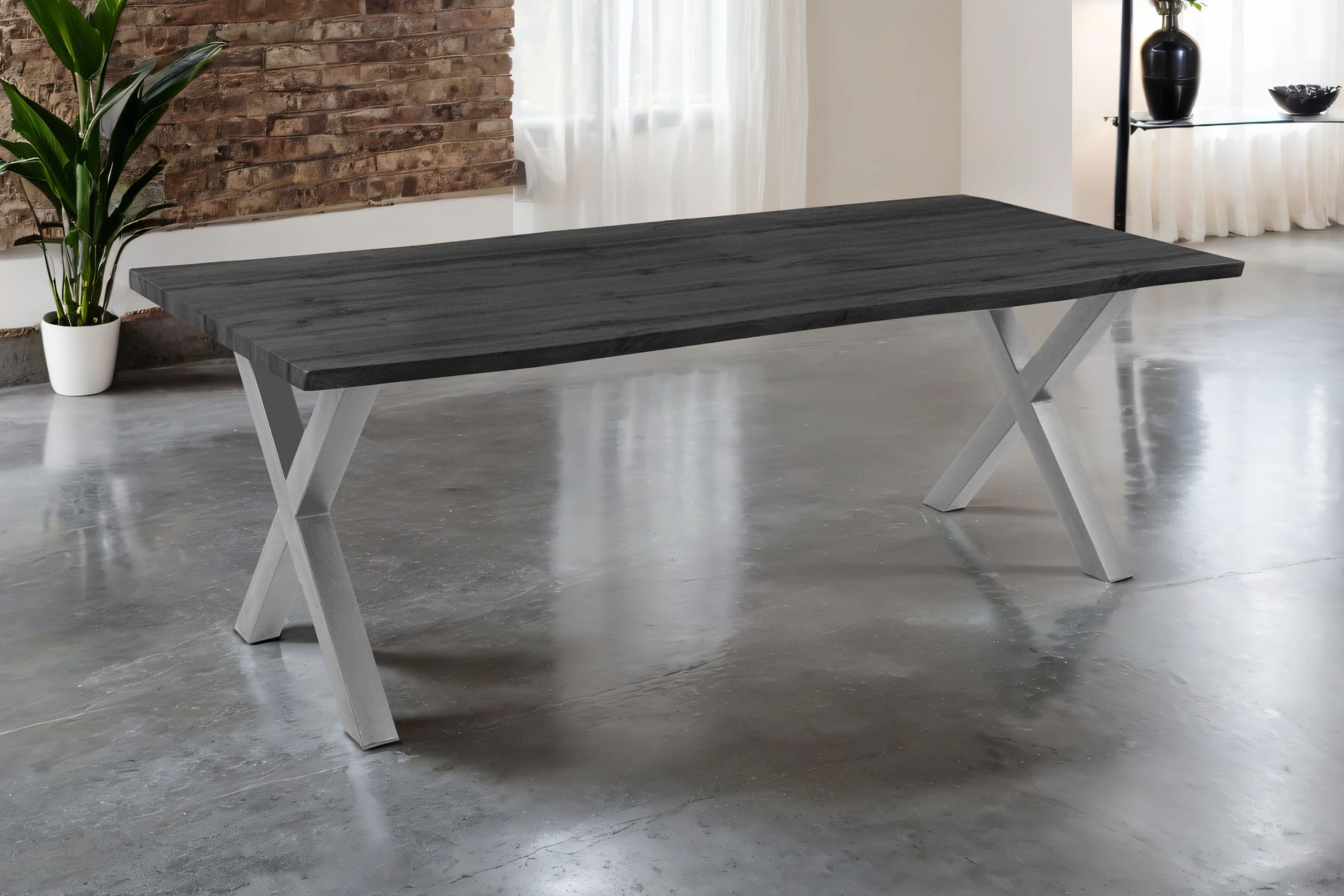 Esstisch 240x100 cm Baumkante Holz Grau-Optik X-Gestell Metall silber JOSY