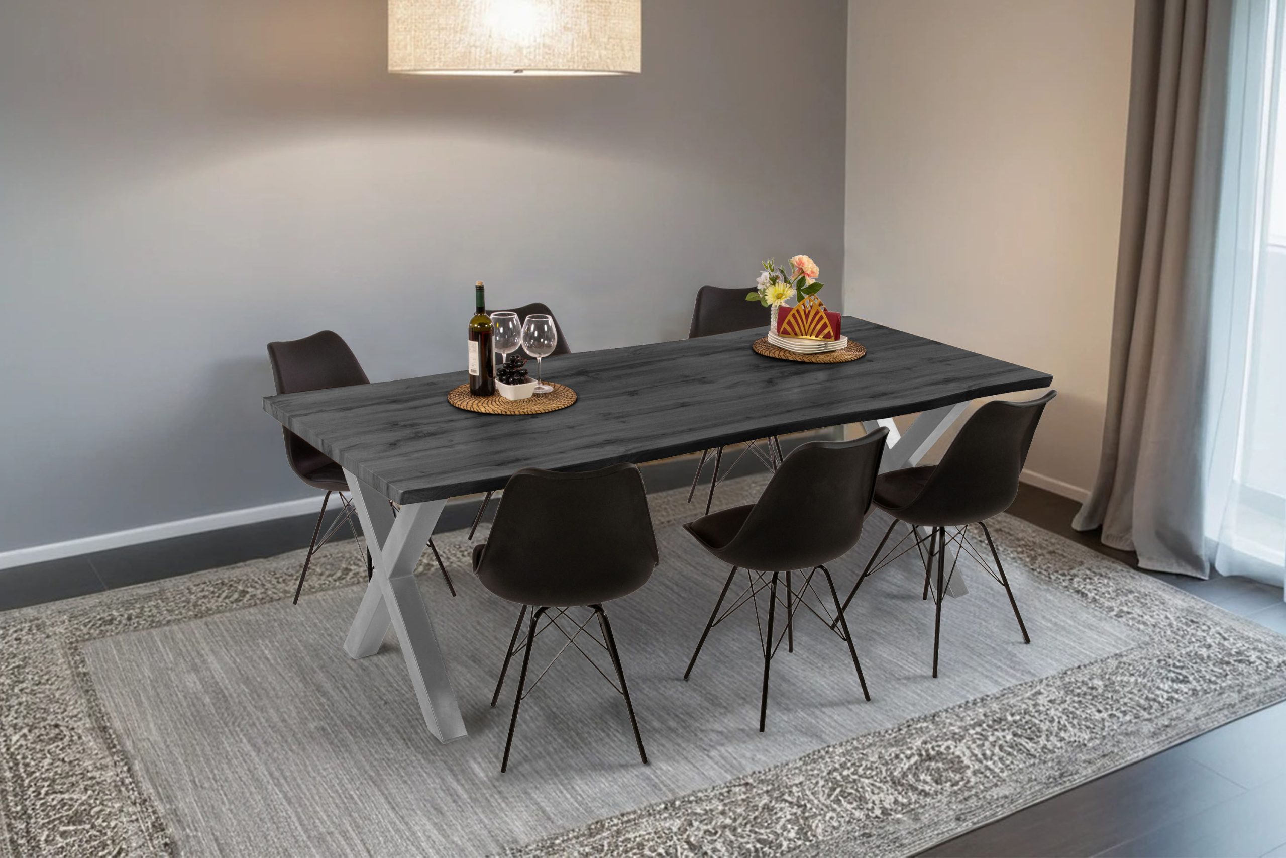 Esstisch 240x100 cm Baumkante Holz Grau-Optik X-Gestell Metall silber JOSY – Bild 4