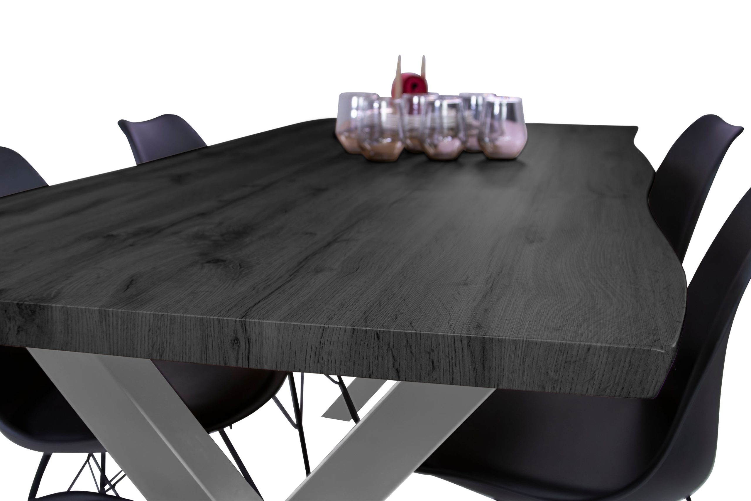 Esstisch 240x100 cm Baumkante Holz Grau-Optik X-Gestell Metall silber JOSY – Bild 6