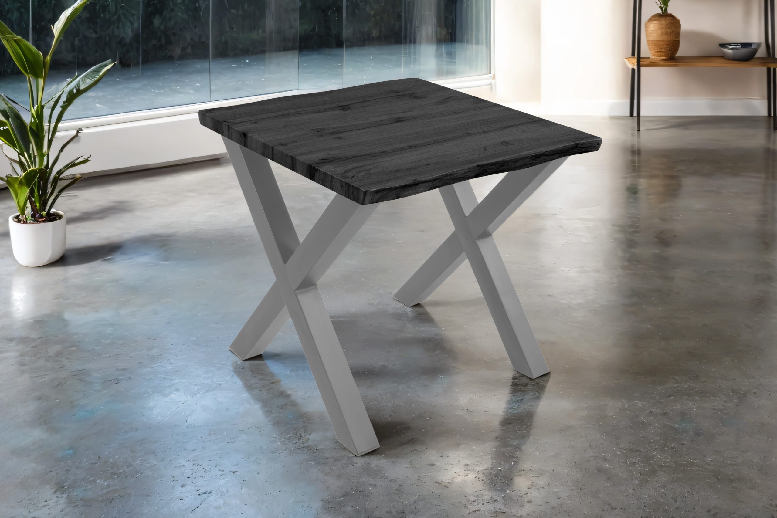 Esstisch 80x80 cm Baumkante Holz Grau-Optik X-Gestell Metall silber JOSY