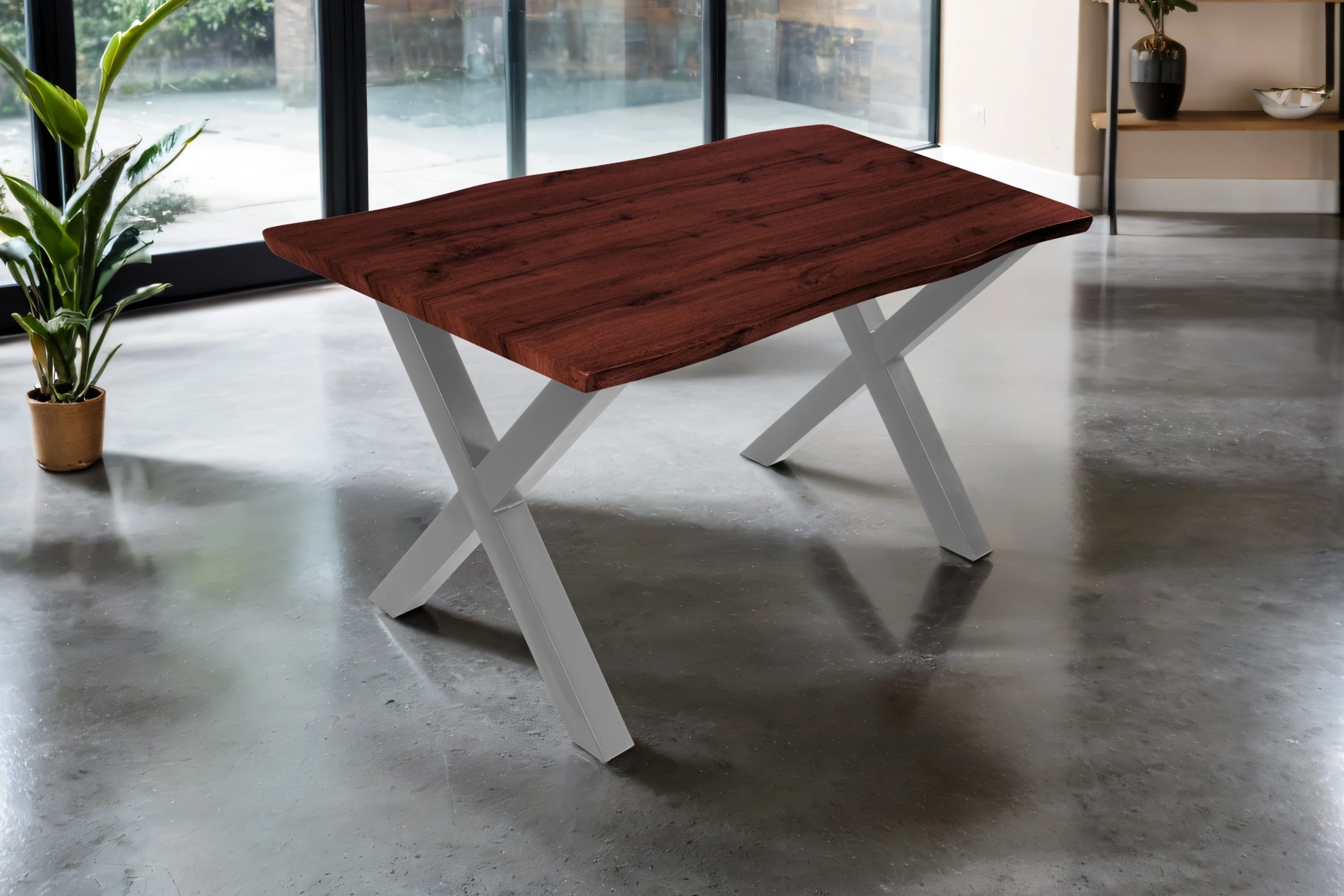 Esstisch 140x80 cm Baumkante Holz Nussbaum-Optik X-Gestell Metall silber JOSY