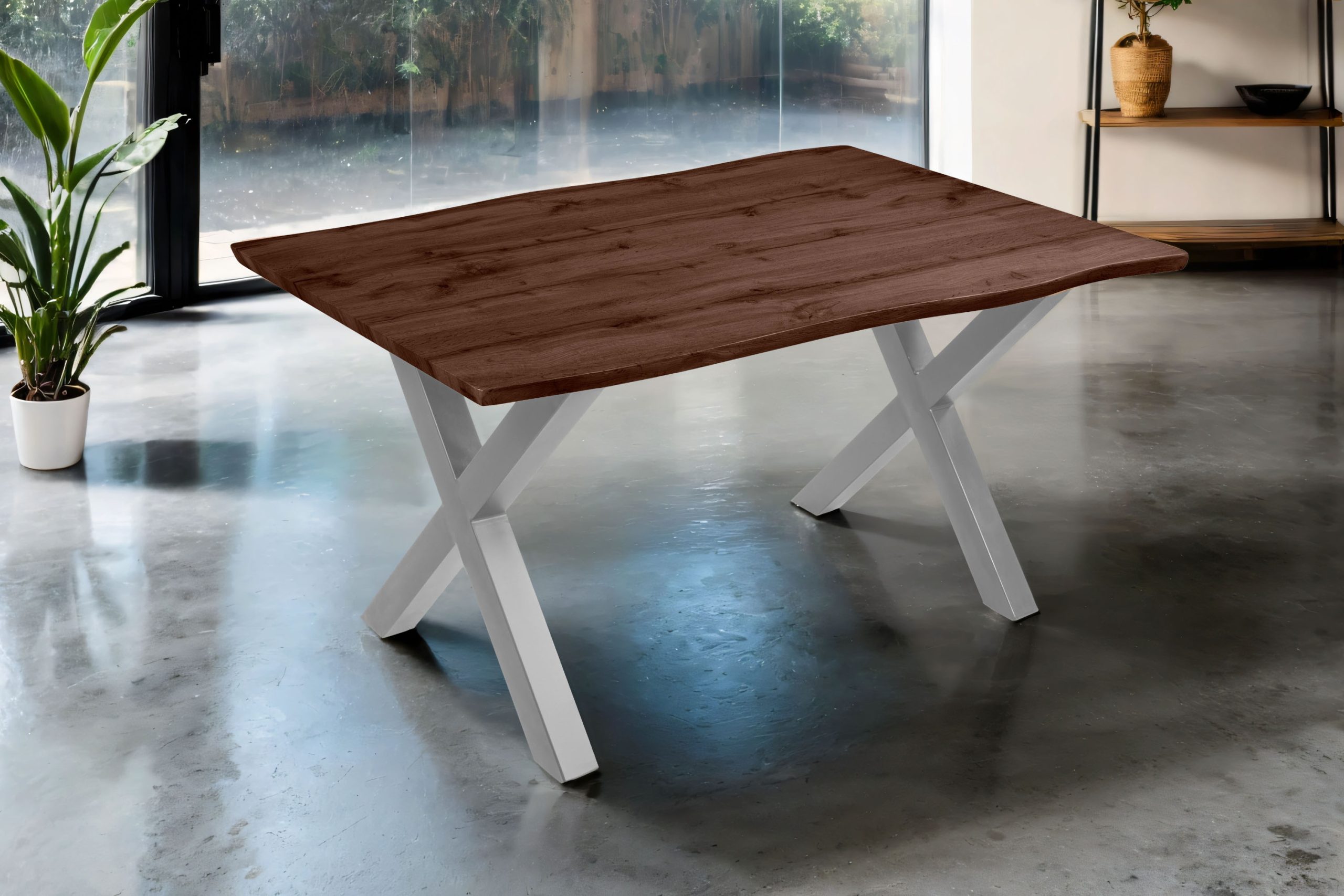 Esstisch 160x85 cm Baumkante Holz Nussbaum-Optik X-Gestell Metall silber JOSY