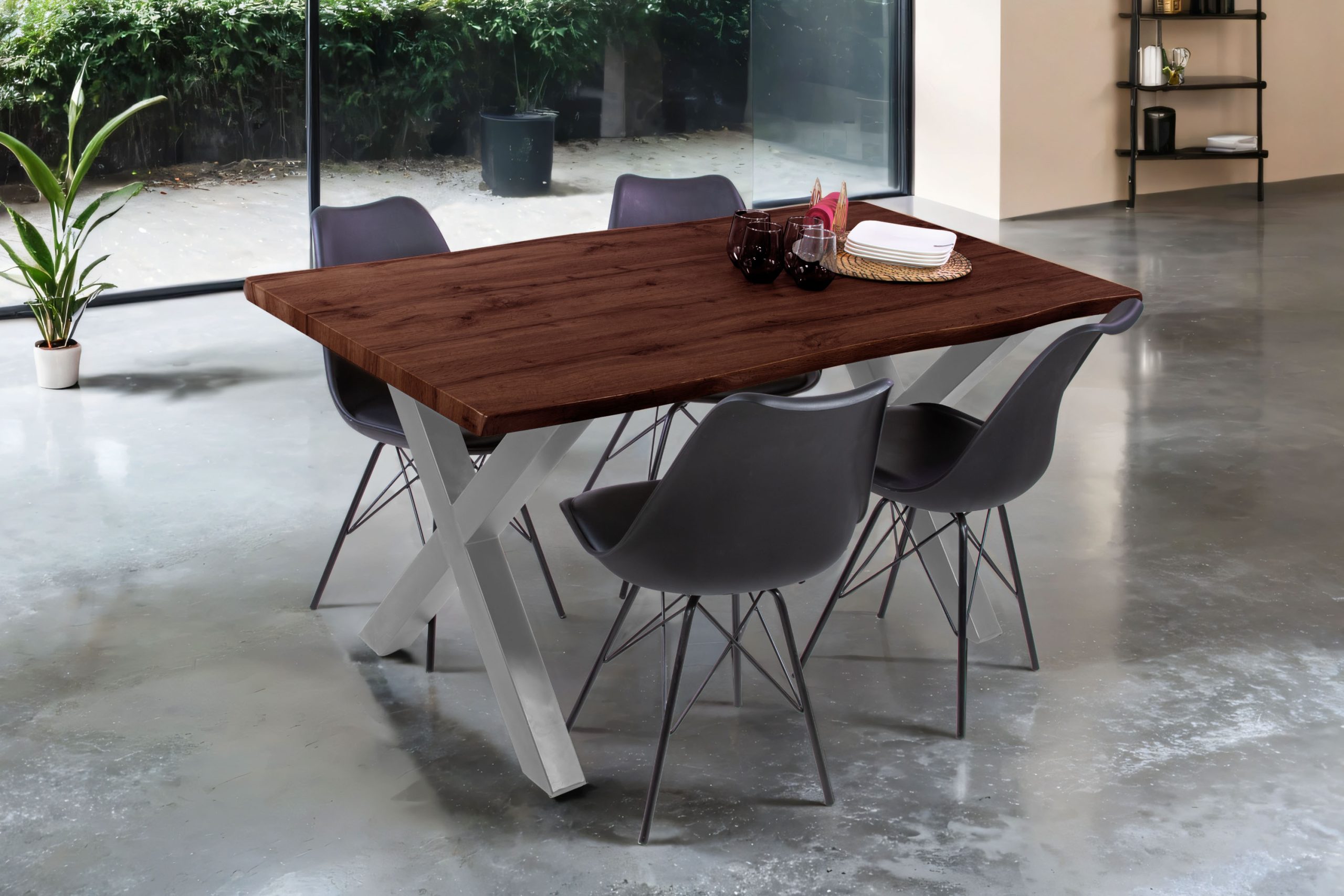 Esstisch 160x85 cm Baumkante Holz Nussbaum-Optik X-Gestell Metall silber JOSY – Bild 4