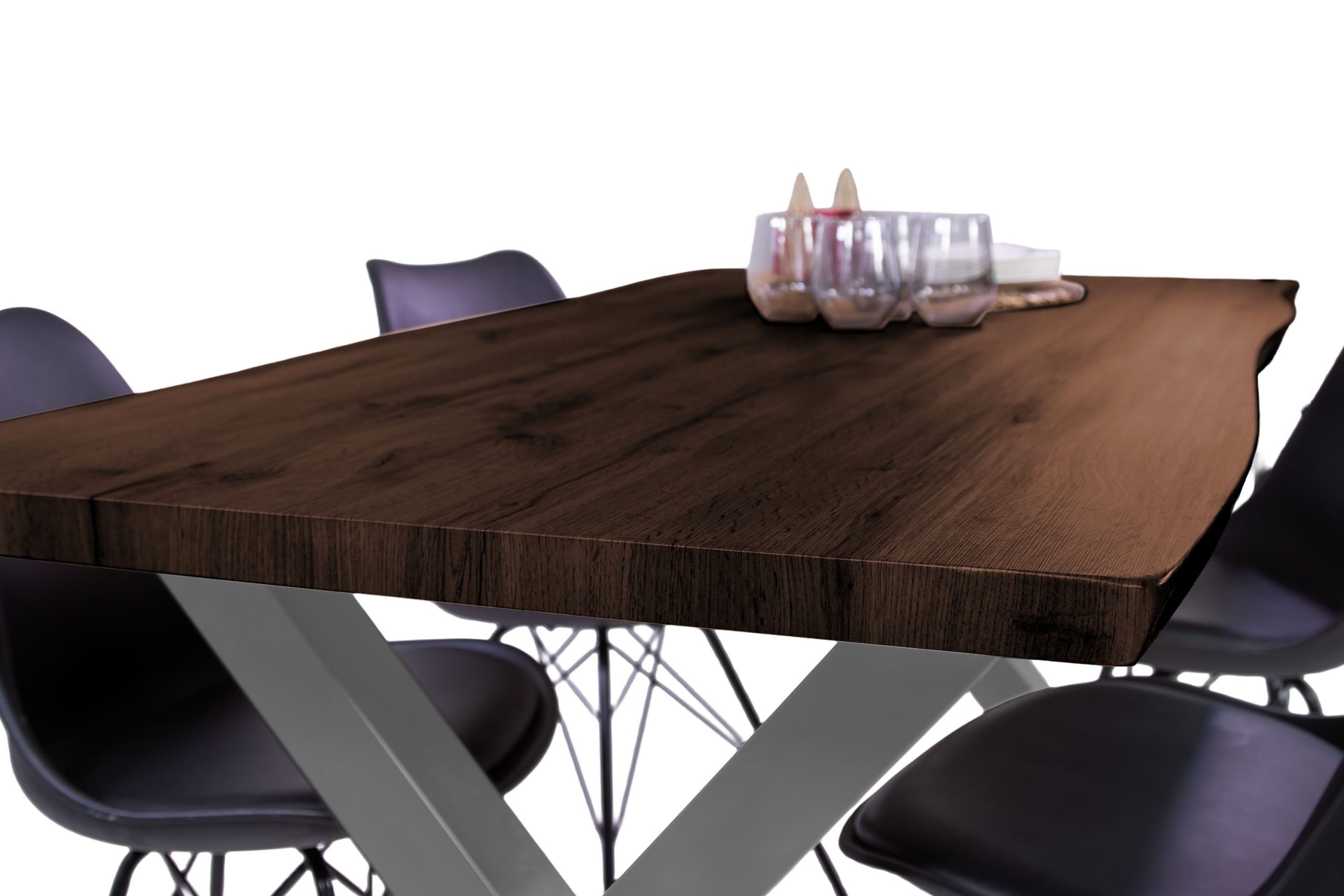 Esstisch 160x85 cm Baumkante Holz Nussbaum-Optik X-Gestell Metall silber JOSY – Bild 6