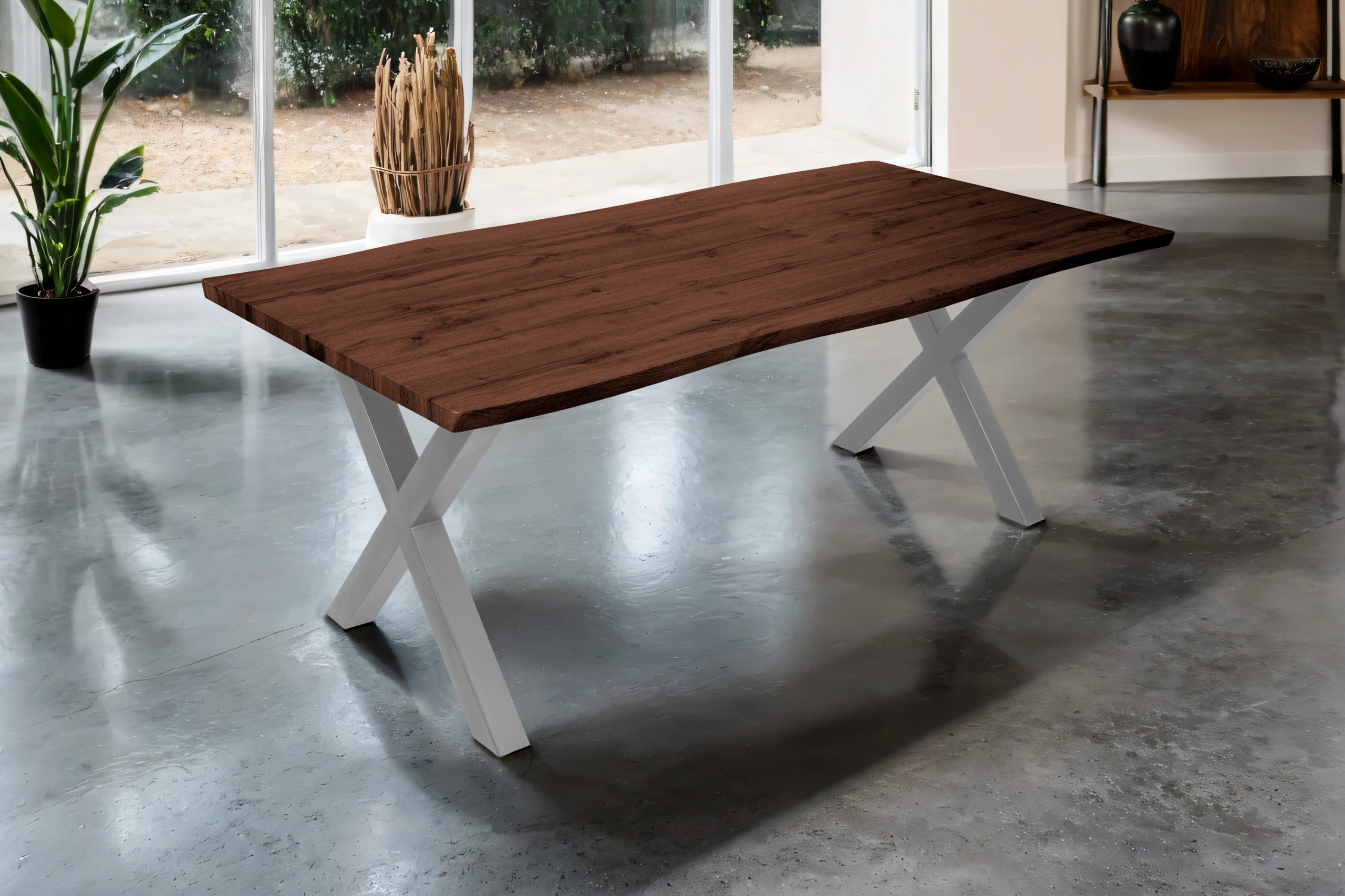 Esstisch 200x100 cm Baumkante Holz Nussbaum-Optik X-Gestell Metall silber JOSY