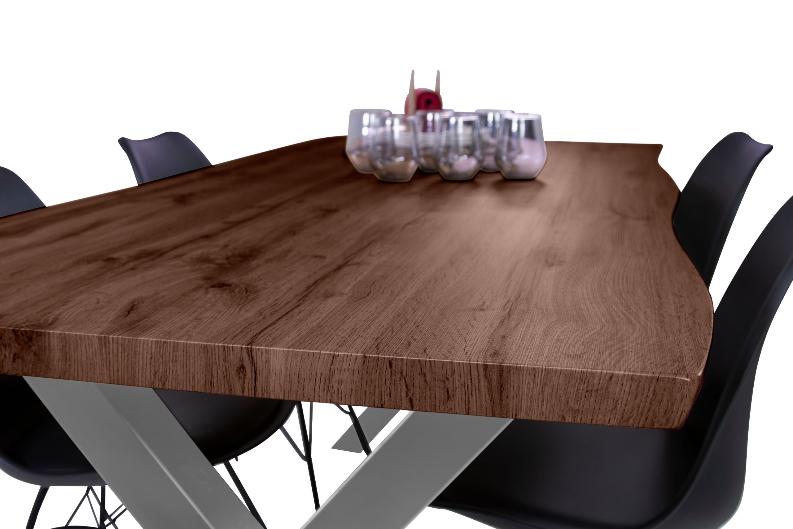 Esstisch 220x100 cm Baumkante Holz Nussbaum-Optik X-Gestell Metall silber JOSY – Bild 6