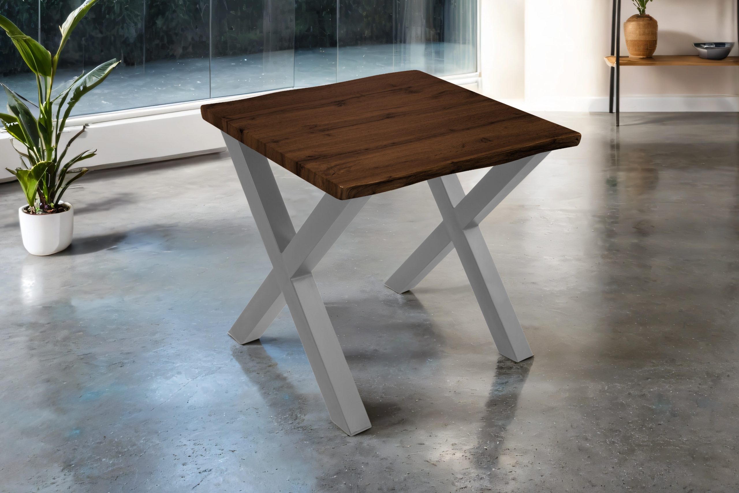 Esstisch 80x80 cm Baumkante Holz Nussbaum-Optik X-Gestell Metall silber JOSY