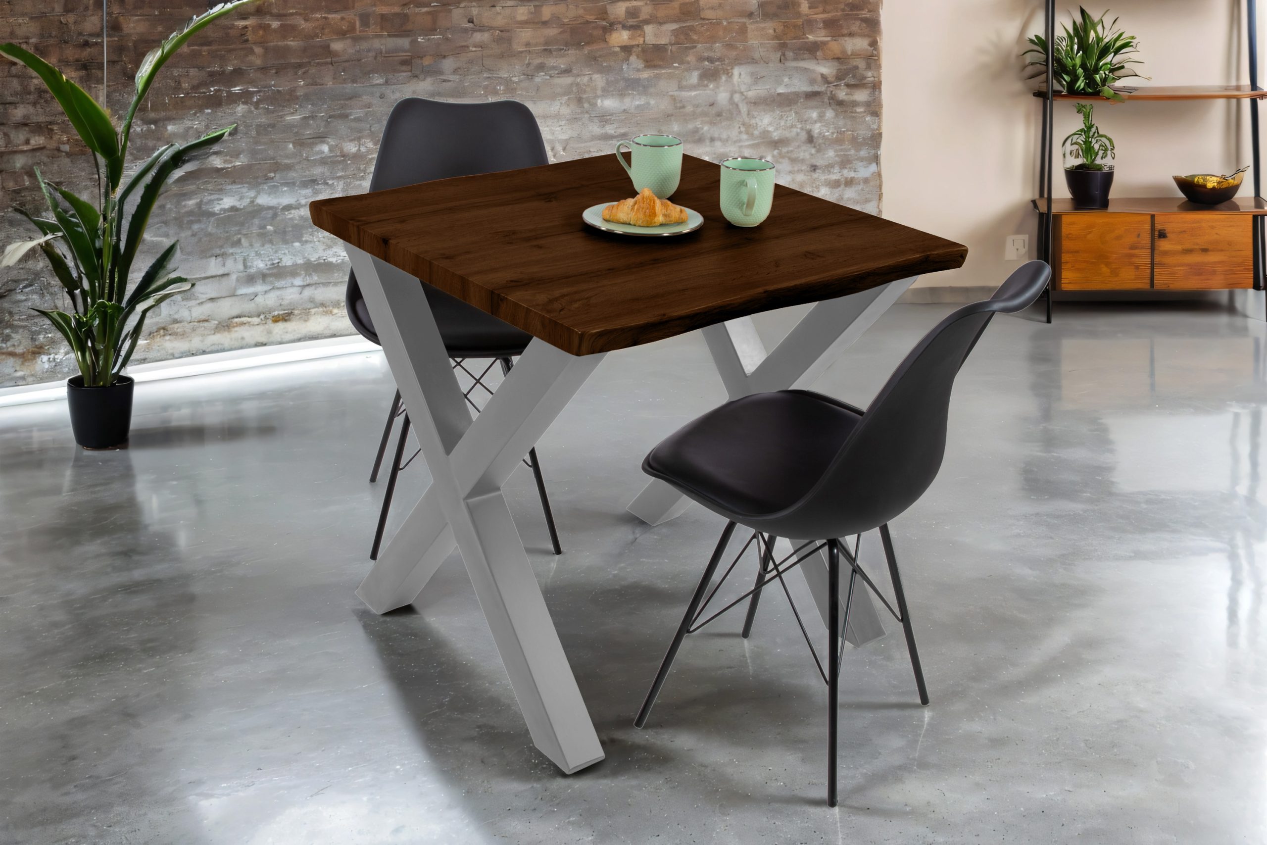 Esstisch 80x80 cm Baumkante Holz Nussbaum-Optik X-Gestell Metall silber JOSY – Bild 4