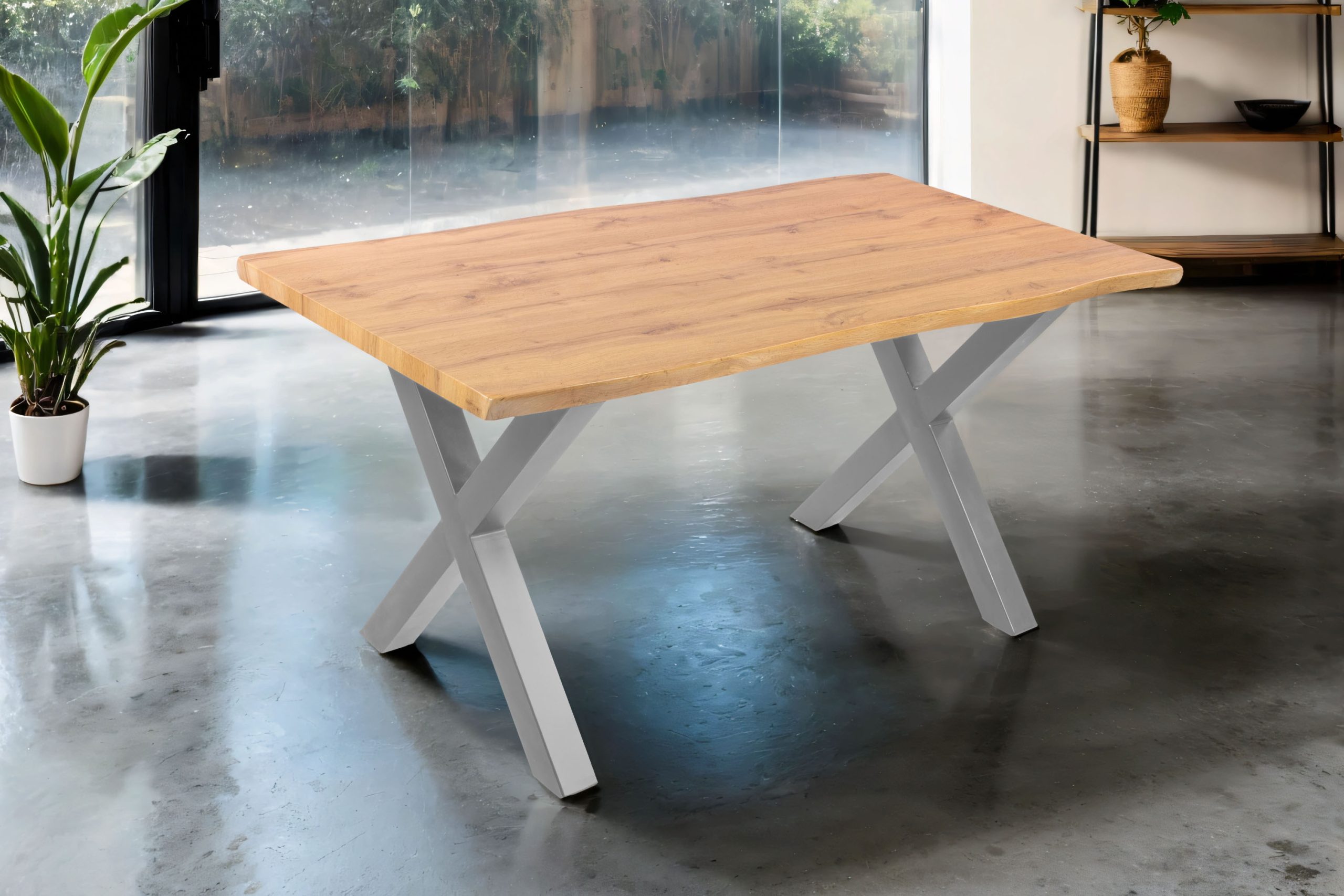 Esstisch 160x85 cm Baumkante Holz Wildeiche-Optik X-Gestell Metall silber JOSY