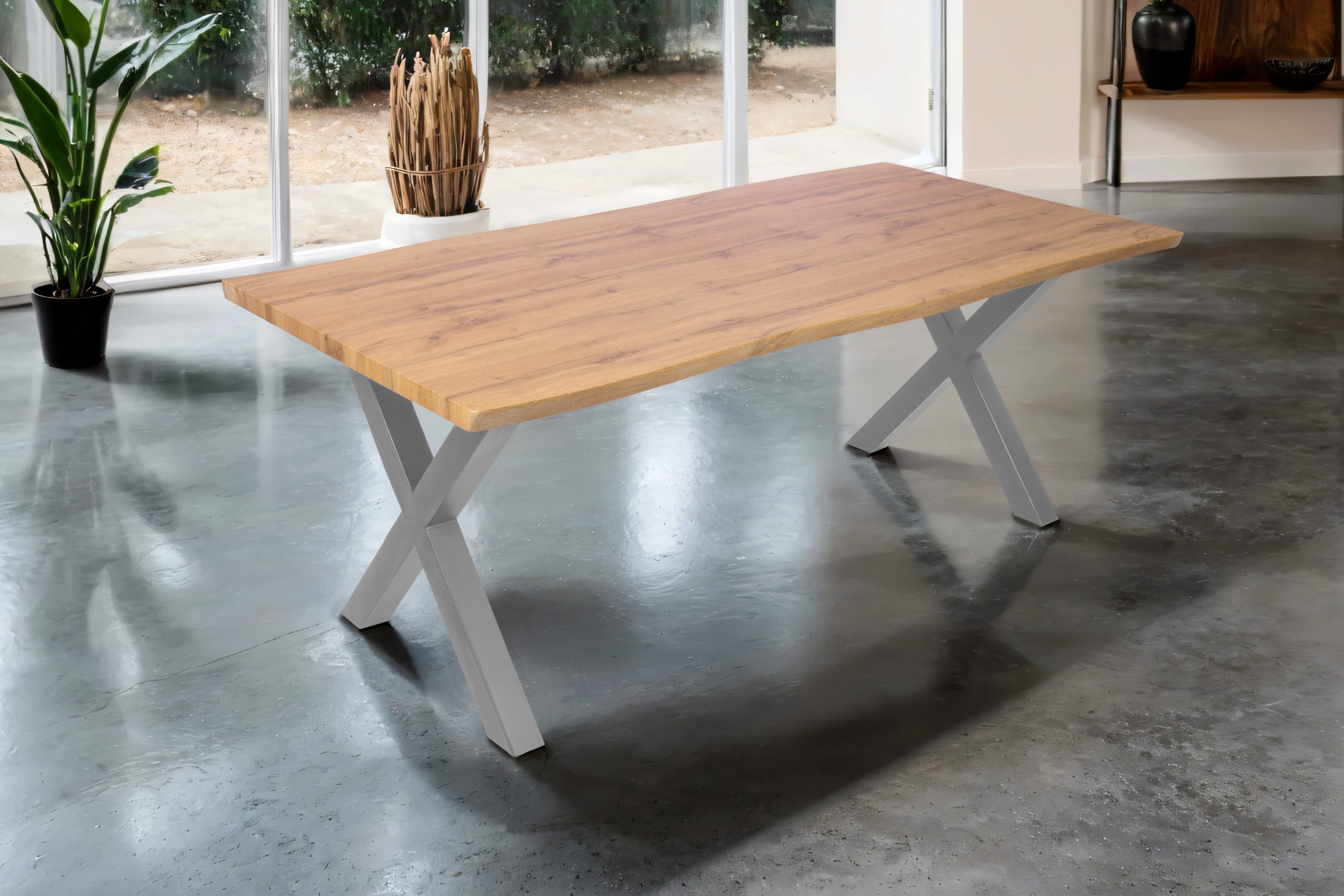 Esstisch 200x100 cm Baumkante Holz Wildeiche-Optik X-Gestell Metall silber JOSY