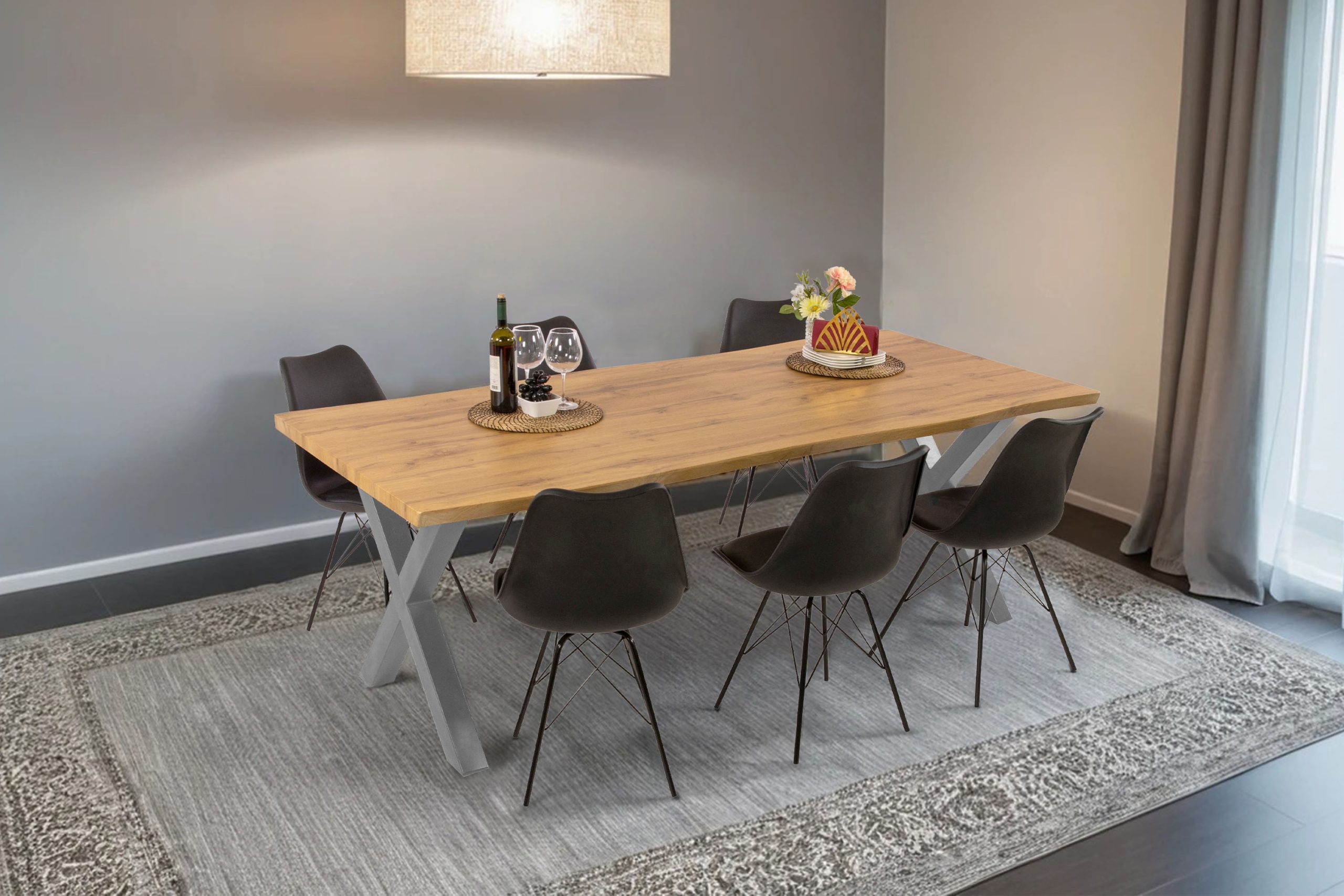 Esstisch 240x100 cm Baumkante Holz Wildeiche-Optik X-Gestell Metall silber JOSY – Bild 4