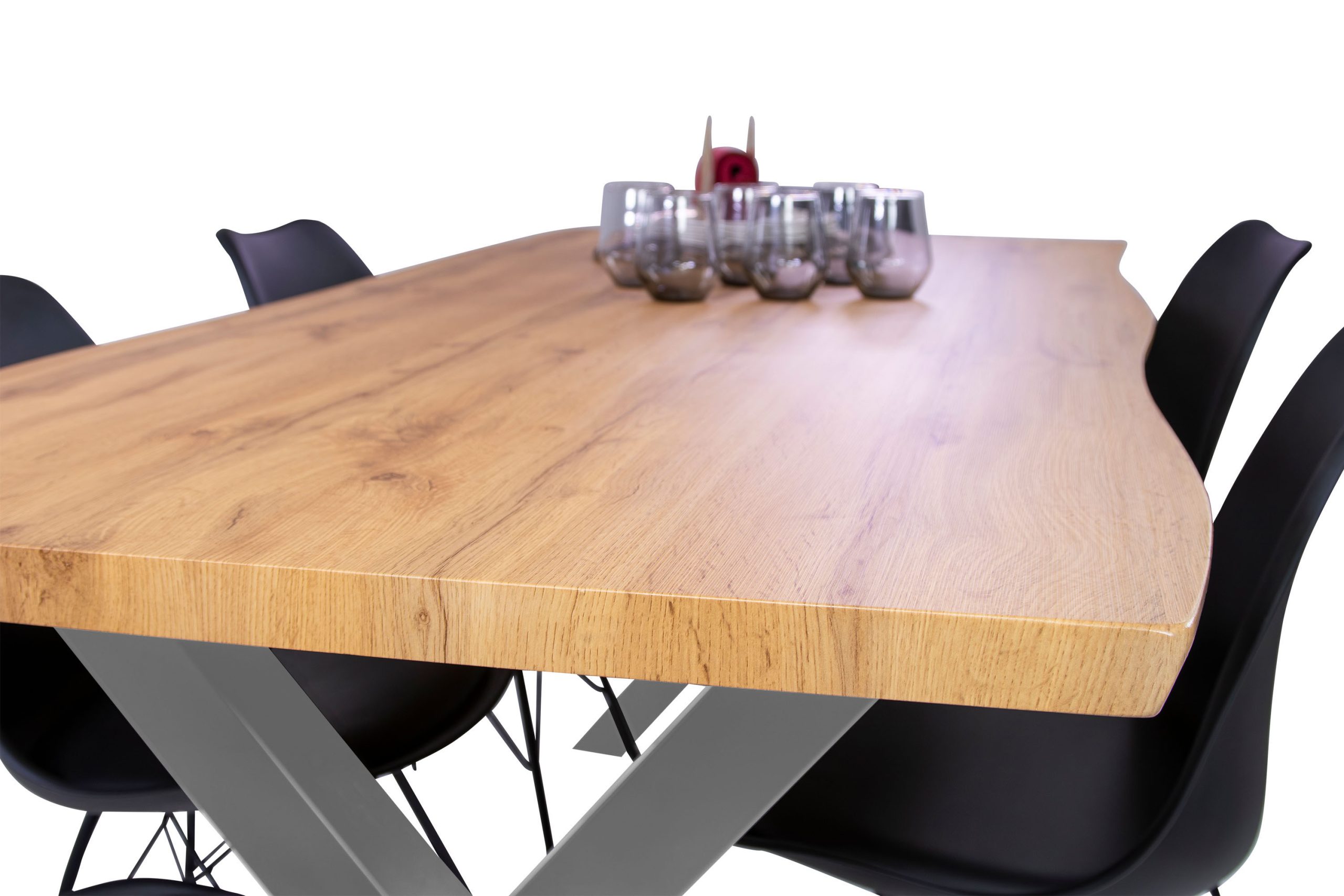 Esstisch 240x100 cm Baumkante Holz Wildeiche-Optik X-Gestell Metall silber JOSY – Bild 6