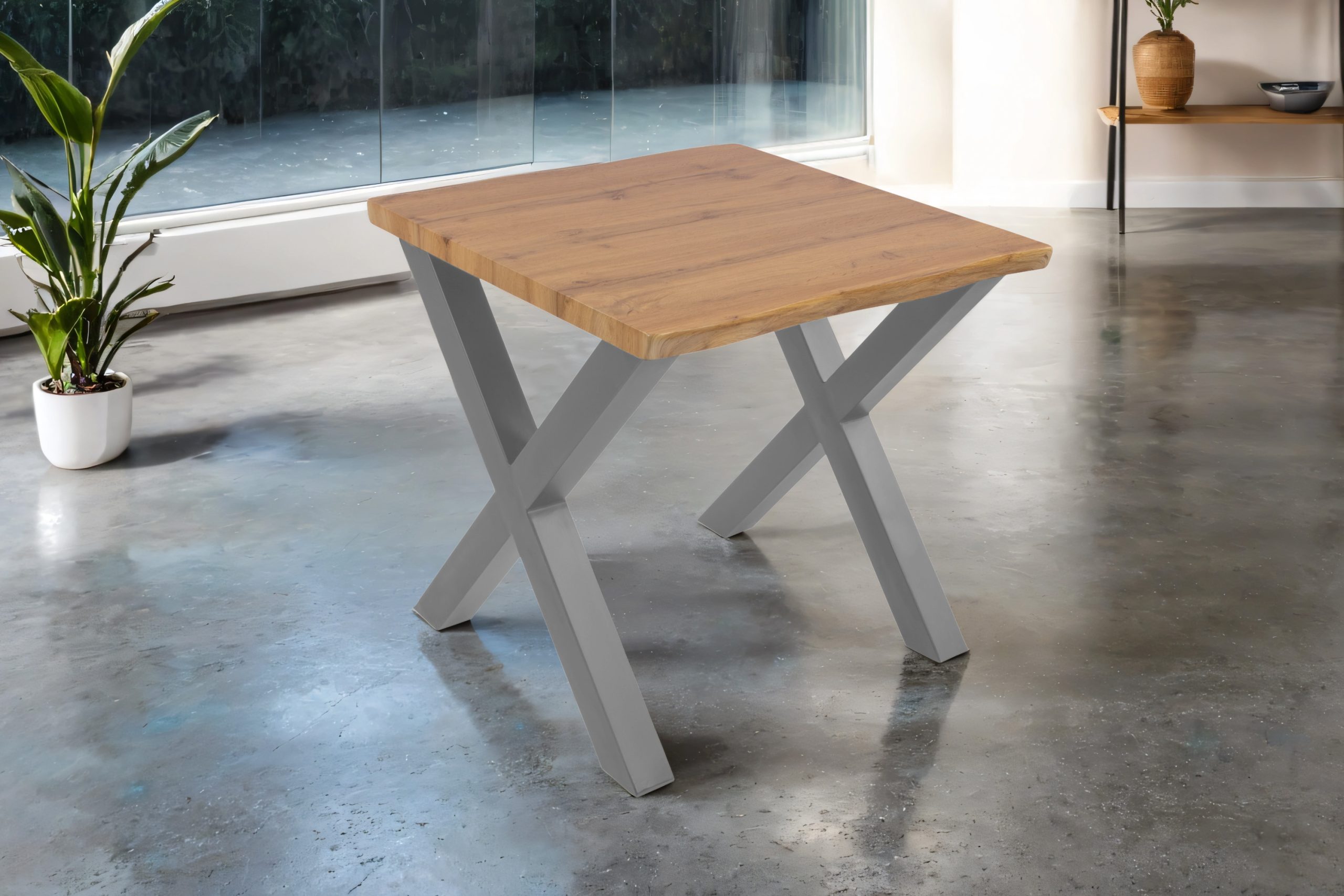 Esstisch 80x80 cm Baumkante Holz Wildeiche-Optik X-Gestell Metall silber JOSY