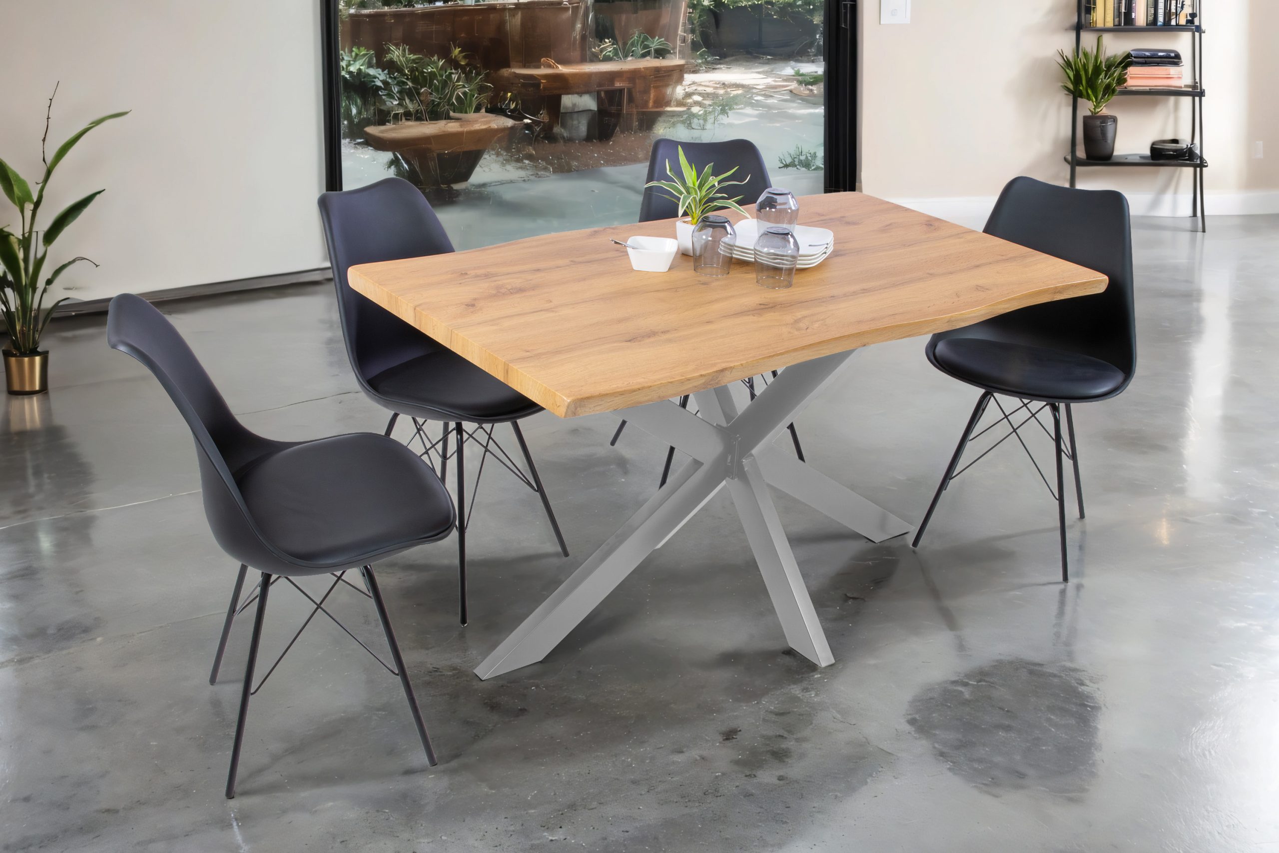 Esstisch 140x80 cm Baumkante Holz Wildeiche-Optik Spider-Gestell Metall silber JOSY – Bild 6