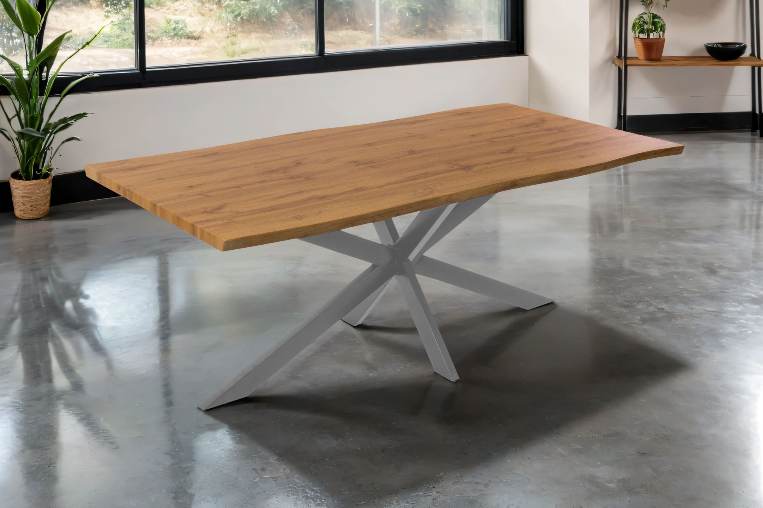 Esstisch 200x100 cm Baumkante Holz Wildeiche-Optik Spider-Gestell Metall silber JOSY