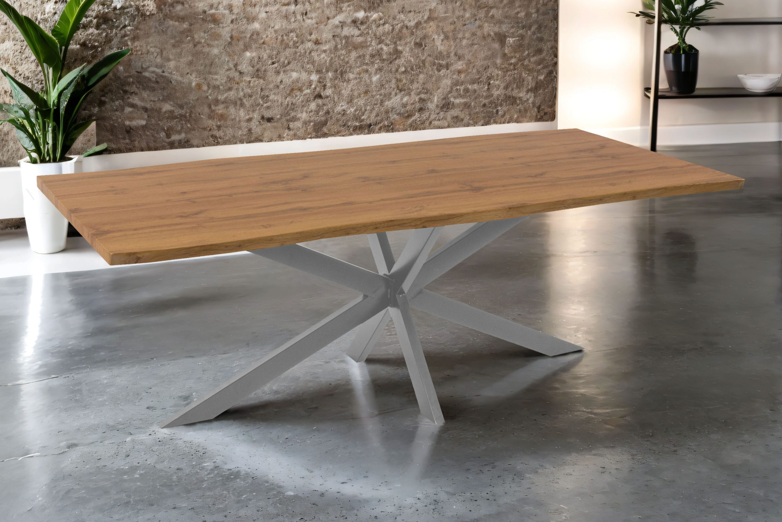 Esstisch 240x100 cm Baumkante Holz Wildeiche-Optik Spider-Gestell Metall silber JOSY