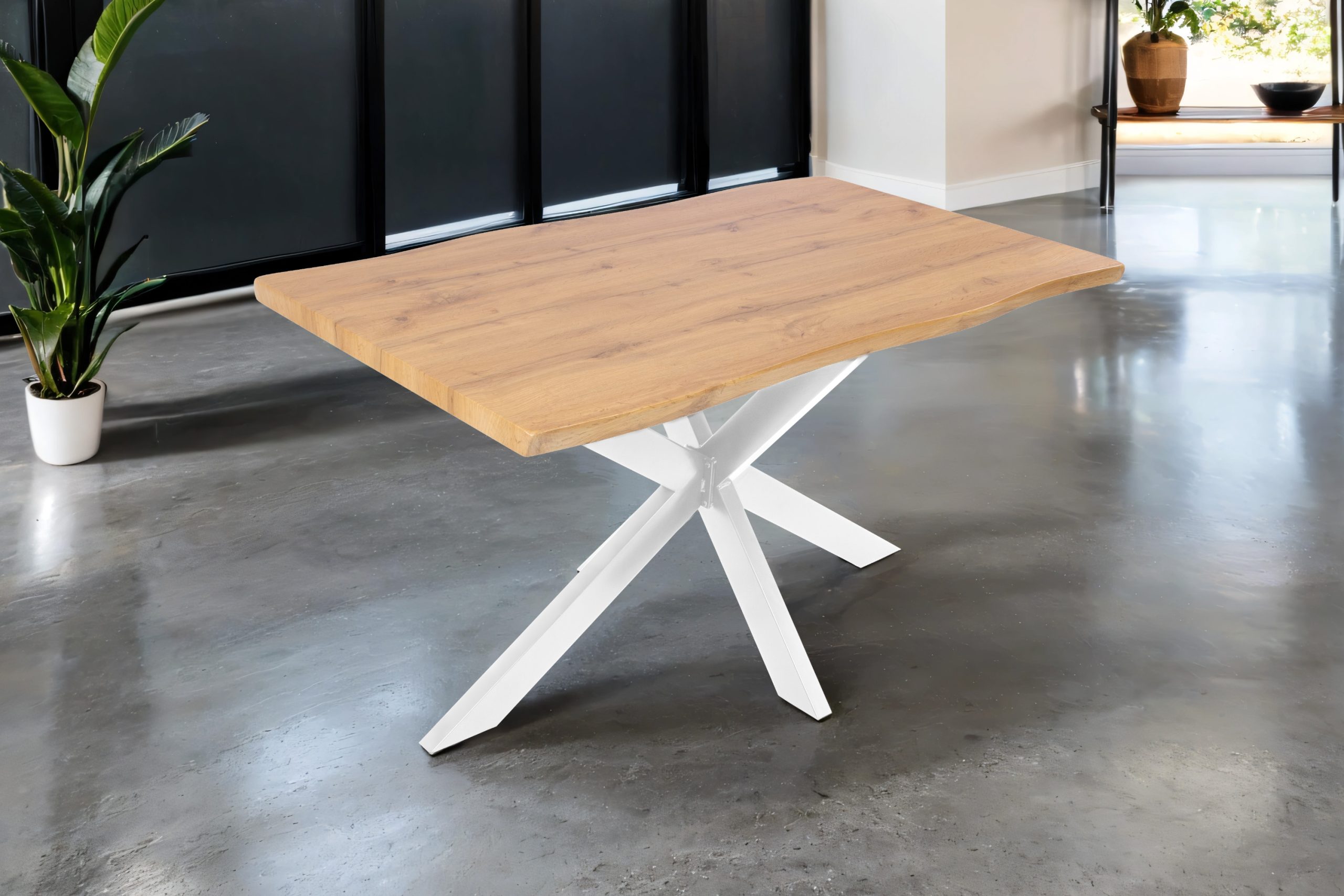 Esstisch 140x80 cm Baumkante Holz Wildeiche-Optik Spider-Gestell Metall weiß JOSY
