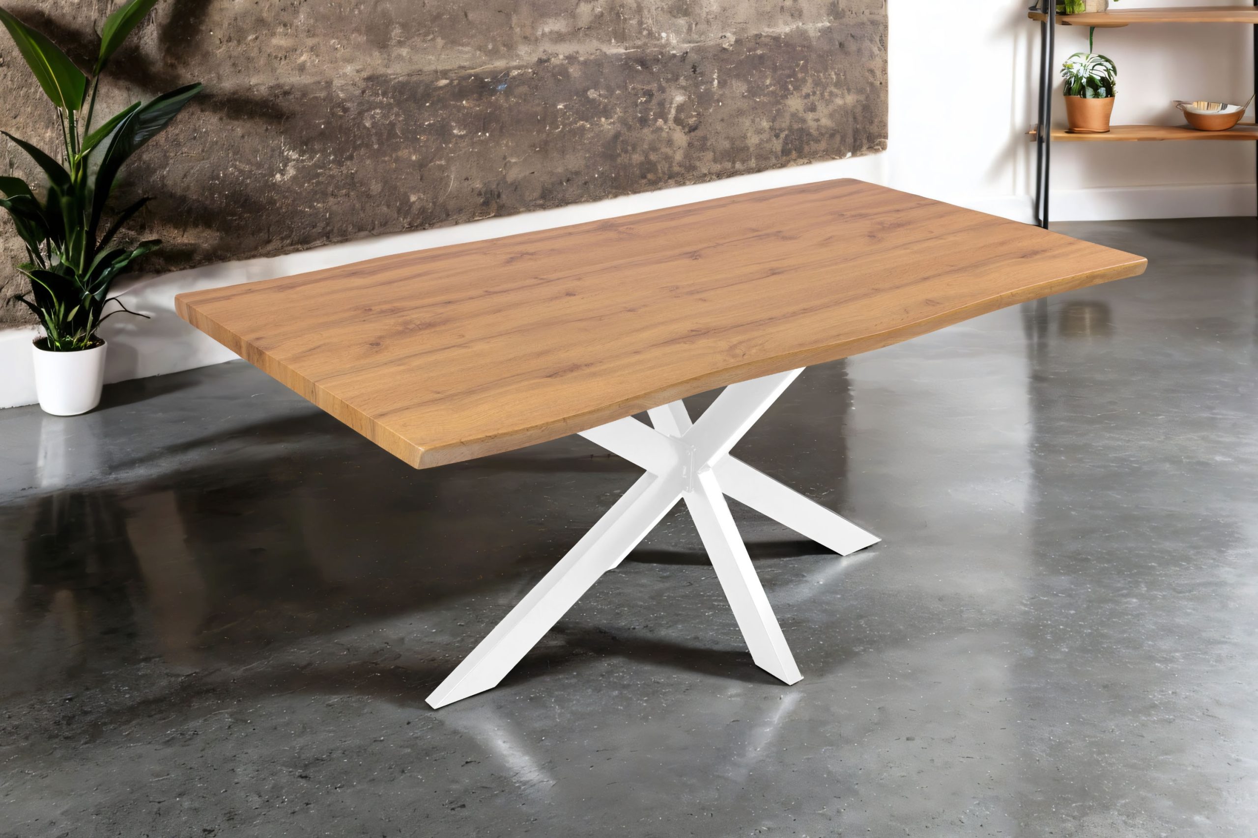 Esstisch 180x90 cm Baumkante Holz Wildeiche-Optik Spider-Gestell Metall weiß JOSY