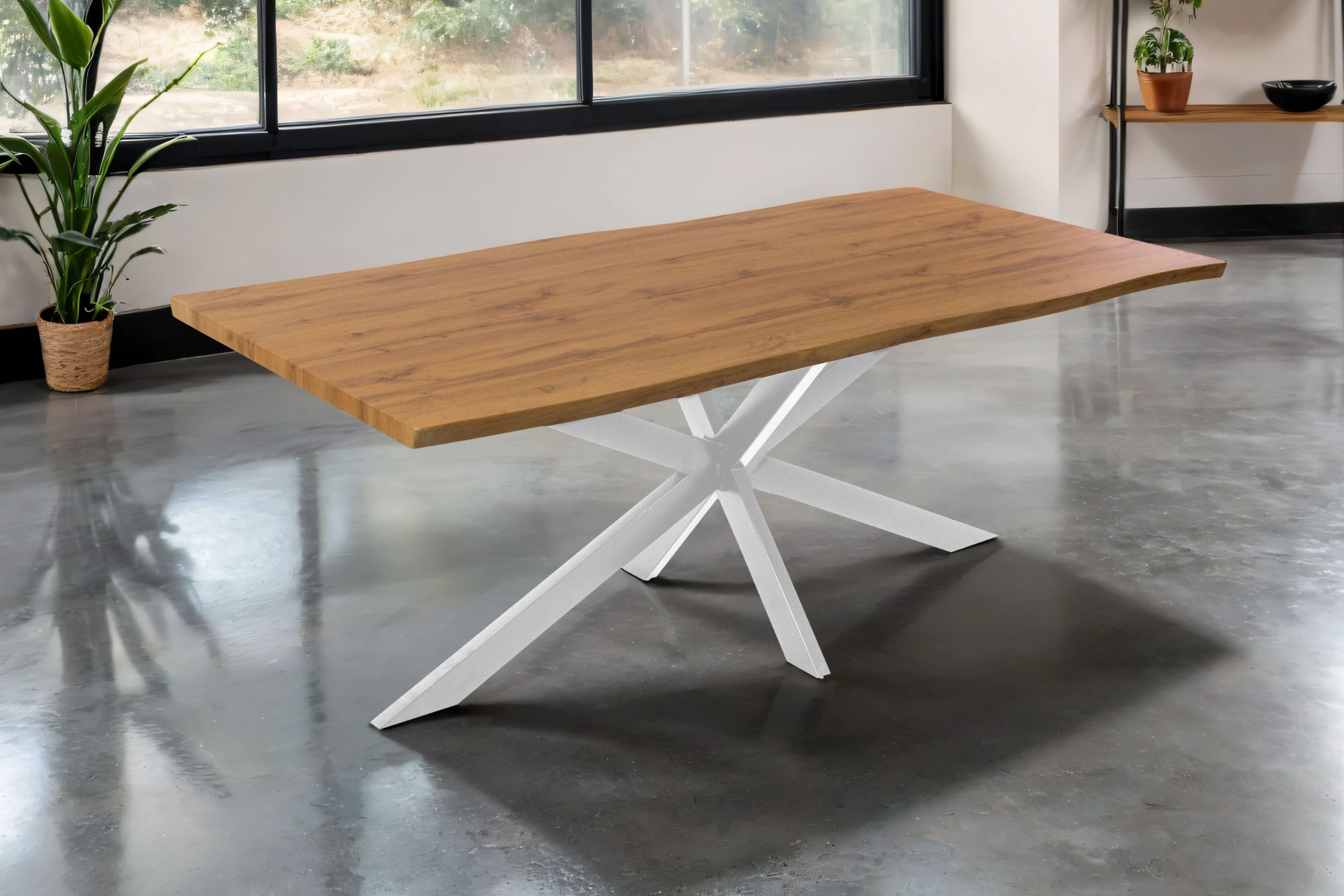 Esstisch 200x100 cm Baumkante Holz Wildeiche-Optik Spider-Gestell Metall weiß JOSY
